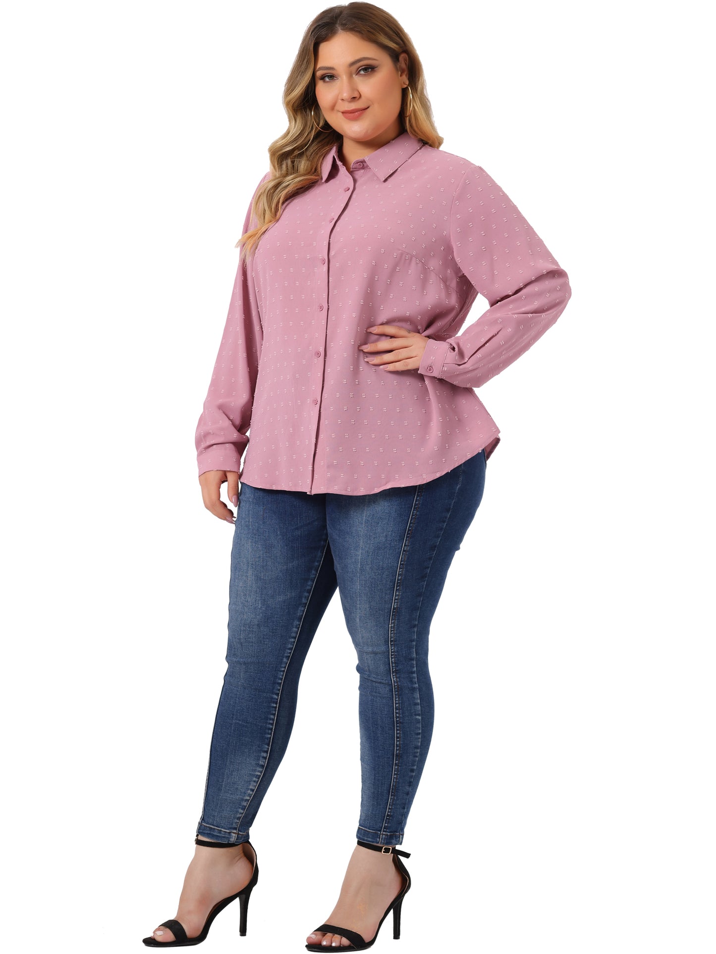 Women Plus Size Long Sleeve Button Down Top Swiss Dots Shirt