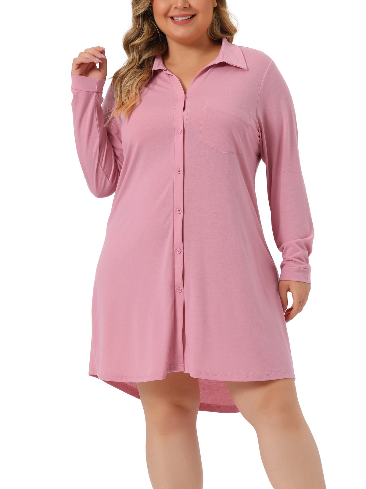 Women Plus Size Nightshirt Long Sleeve Button Down V-Neck Sleepwear Pajama Dress