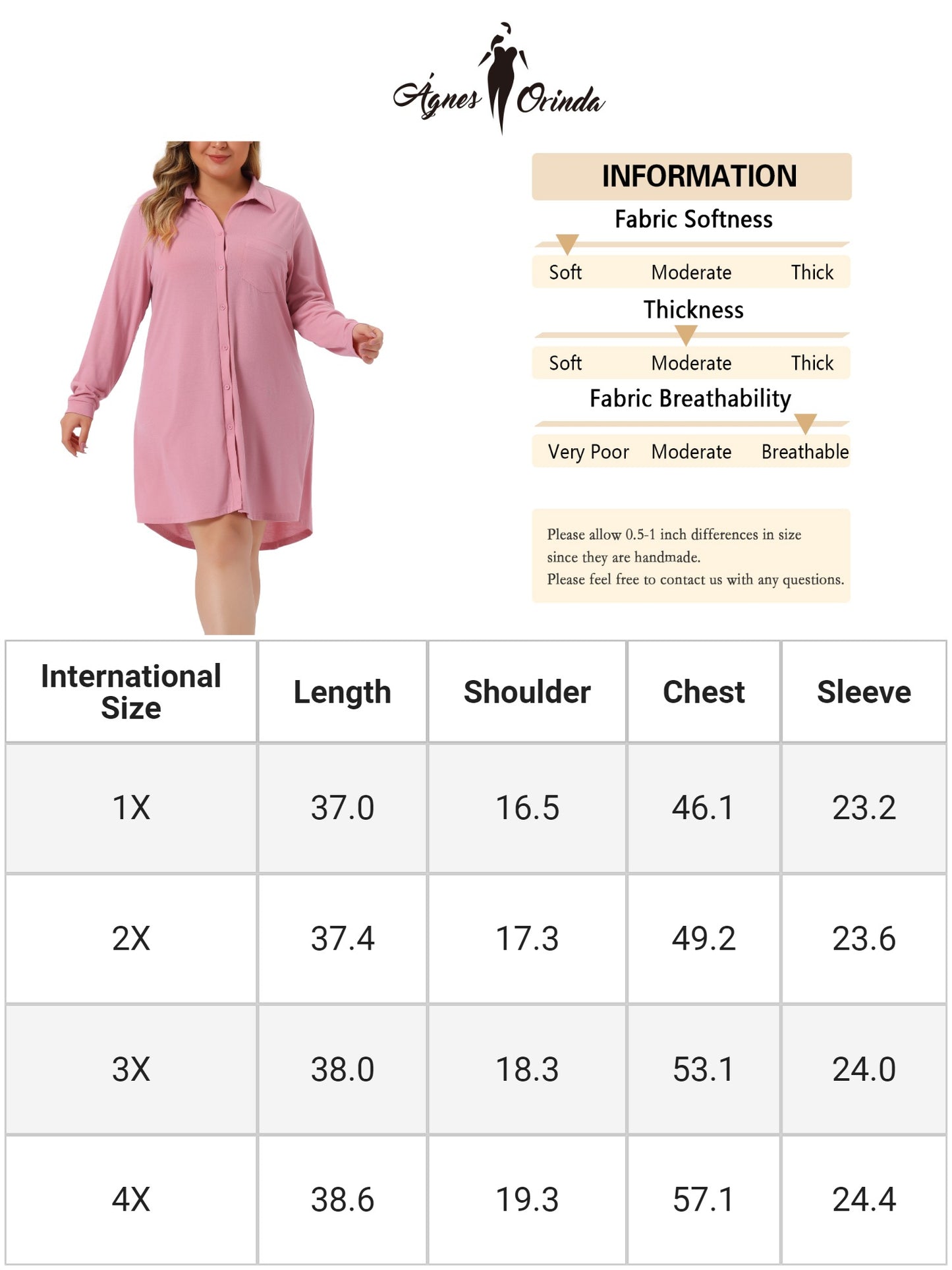 Women Plus Size Nightshirt Long Sleeve Button Down Nightgown V-Neck Sleepwear Pajama Dress
