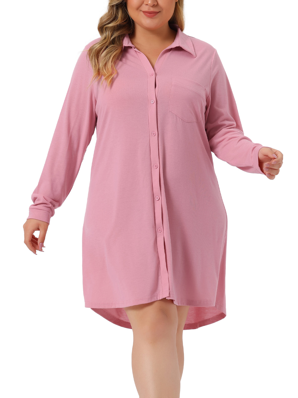Women Plus Size Nightshirt Long Sleeve Button Down V-Neck Sleepwear Pajama Dress