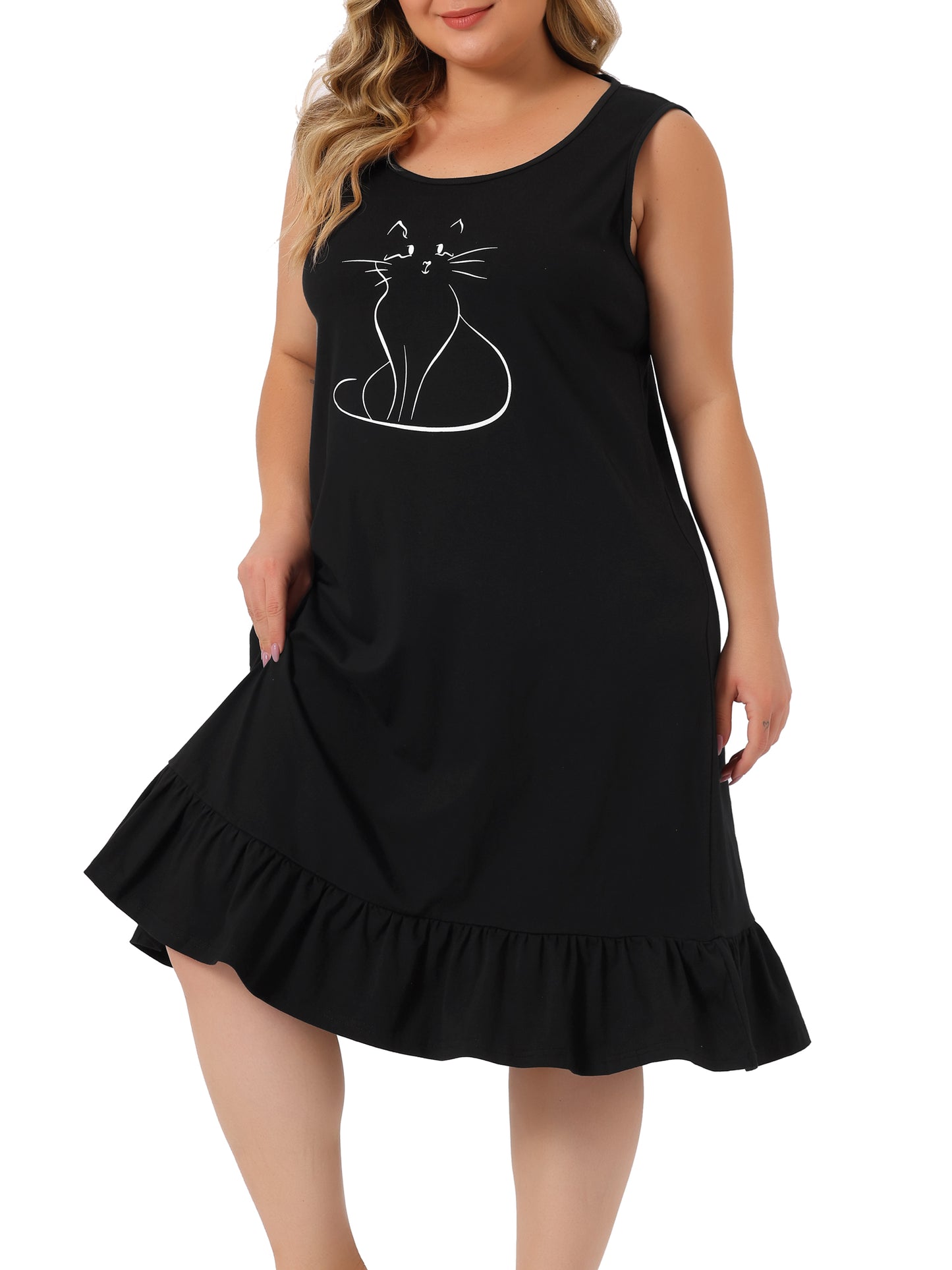 Women Plus Size Sleeveless Nightdress Cute Cat Sleepwear Pajamas Nightgown Loungewear