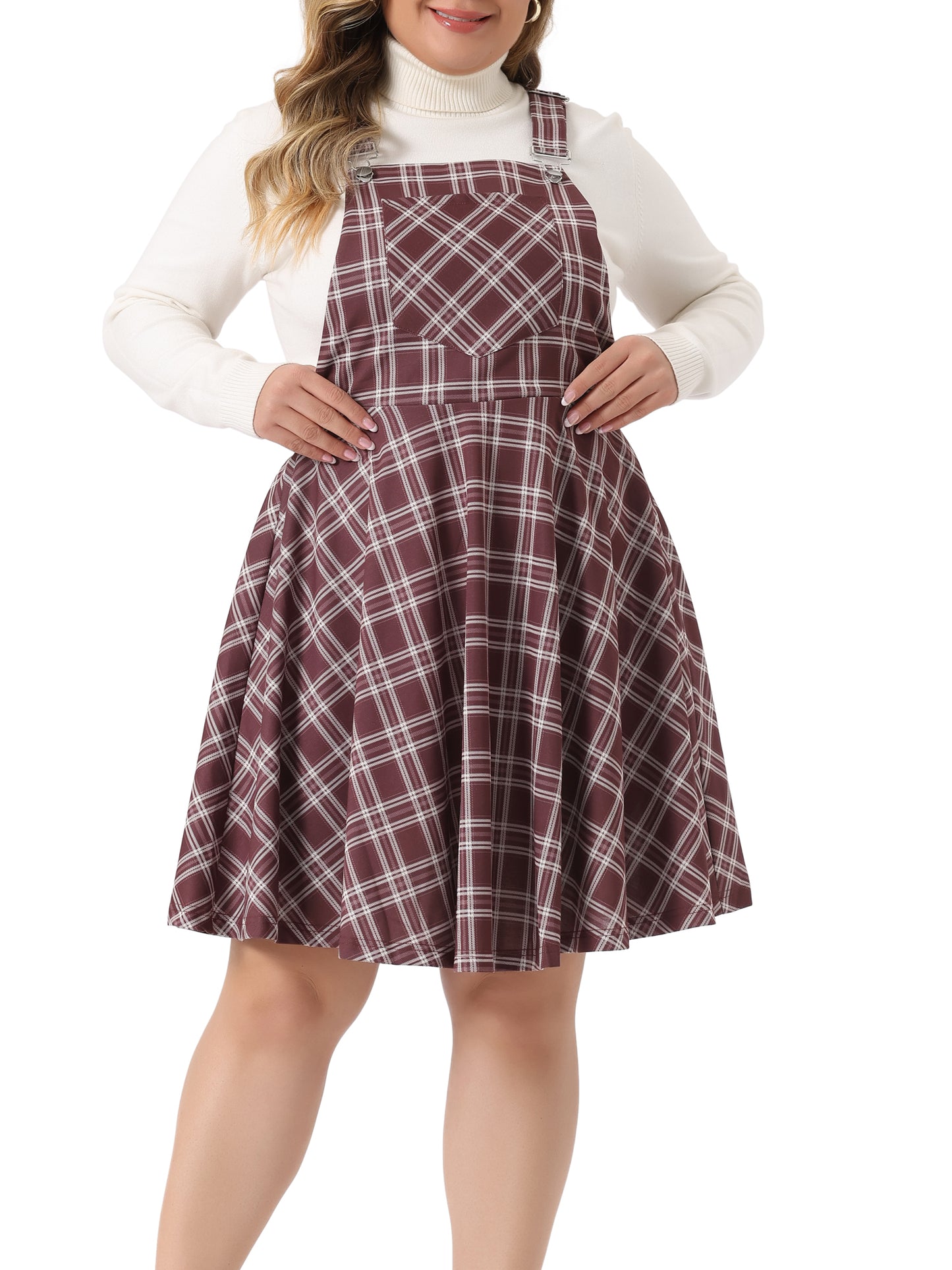 Women's Plus Size Casual Plaid Printed Overall Pinafore Dress Swing Adjustable Straps Dress