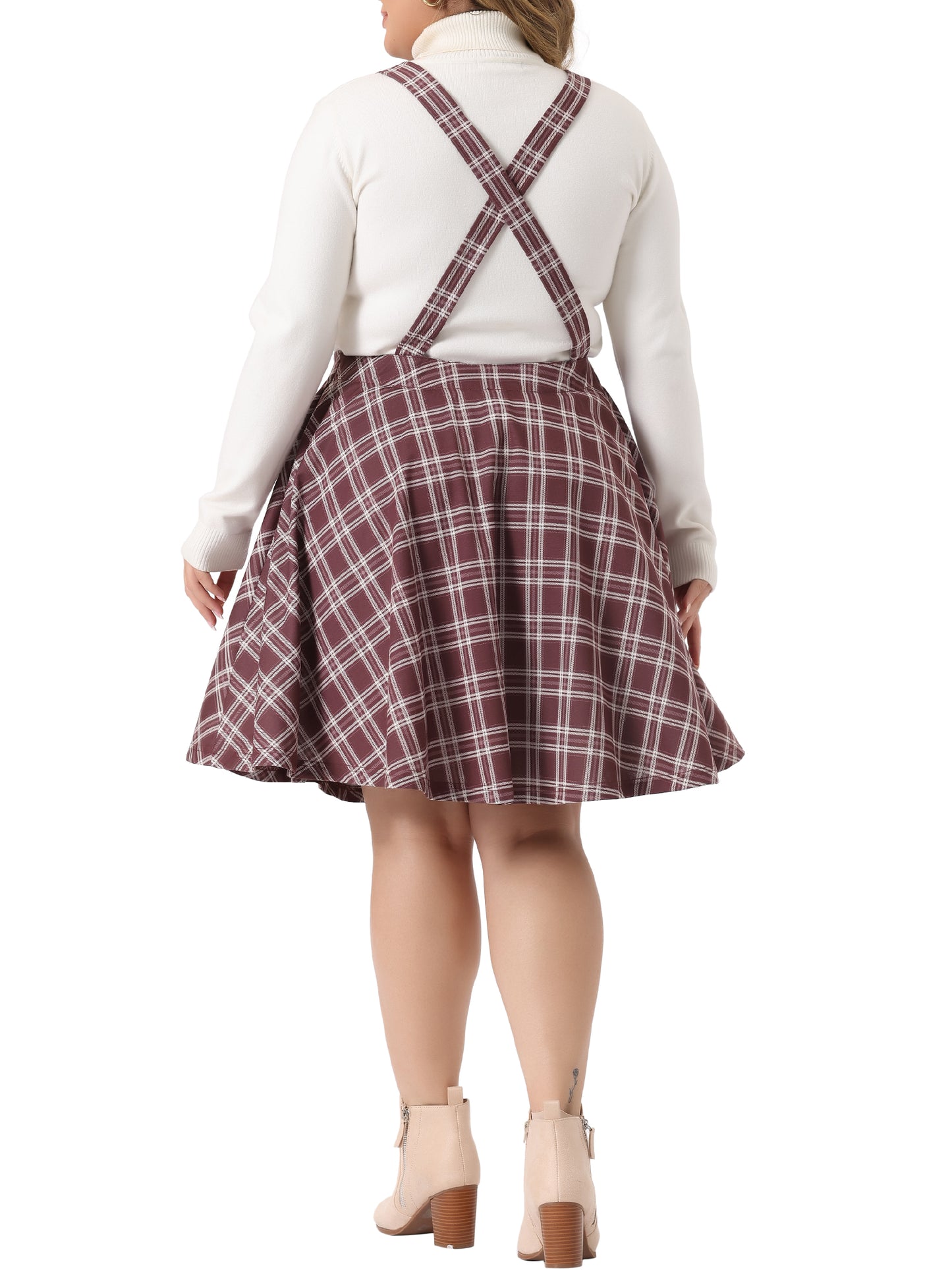 Women's Plus Size Casual Plaid Printed Overall Pinafore Dress Swing Adjustable Straps Dress