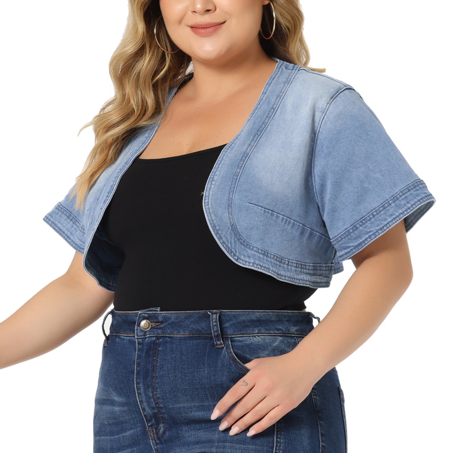 Women Plus Size Denim Jackets Cardigan Casual Short Crop Jean Jacket Shrug