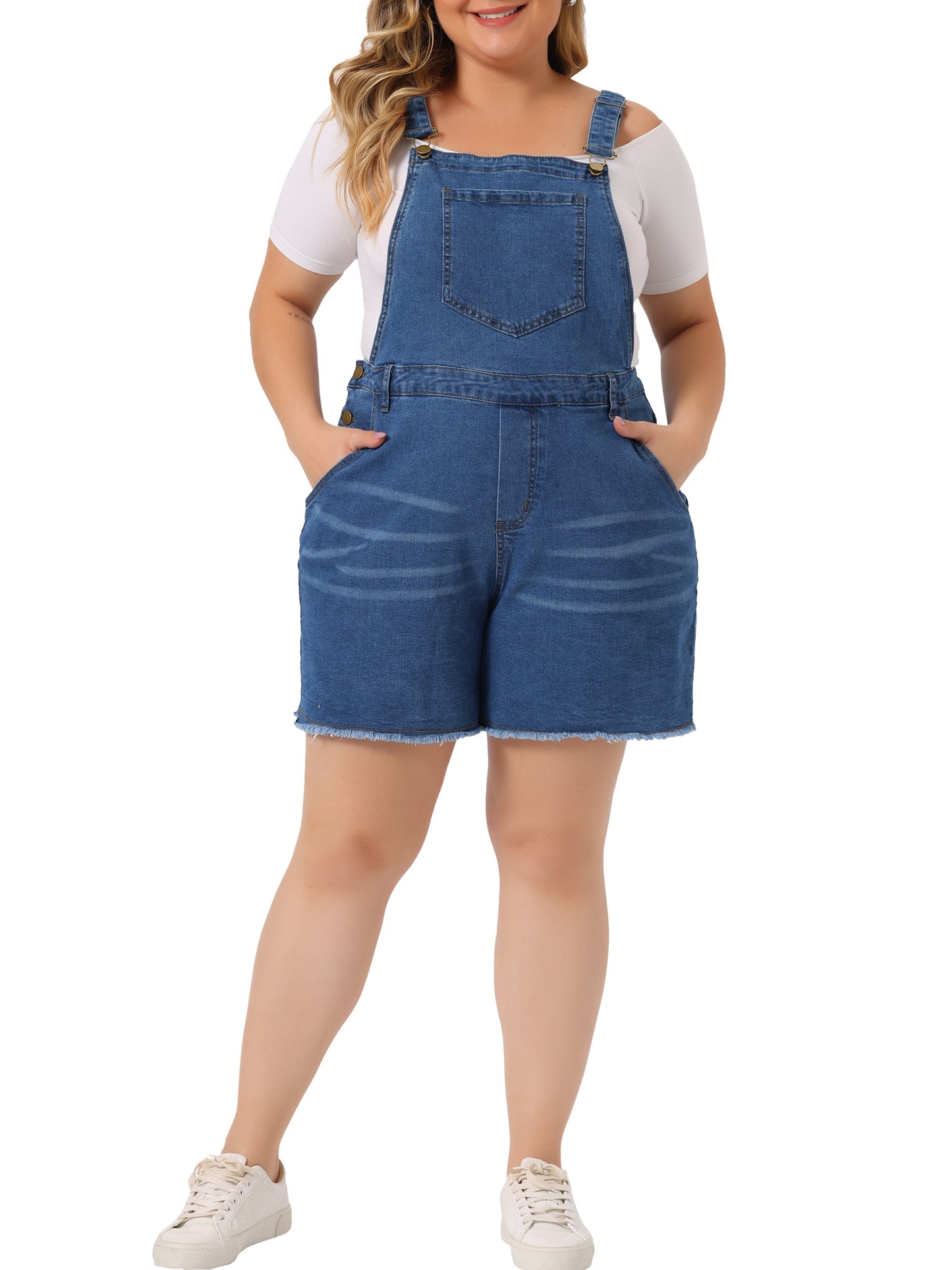 Women Plus Size Denim Overall Shorts Raw Hem Adjustable Strap Rompers with Pockets Bib Jeans Shortalls