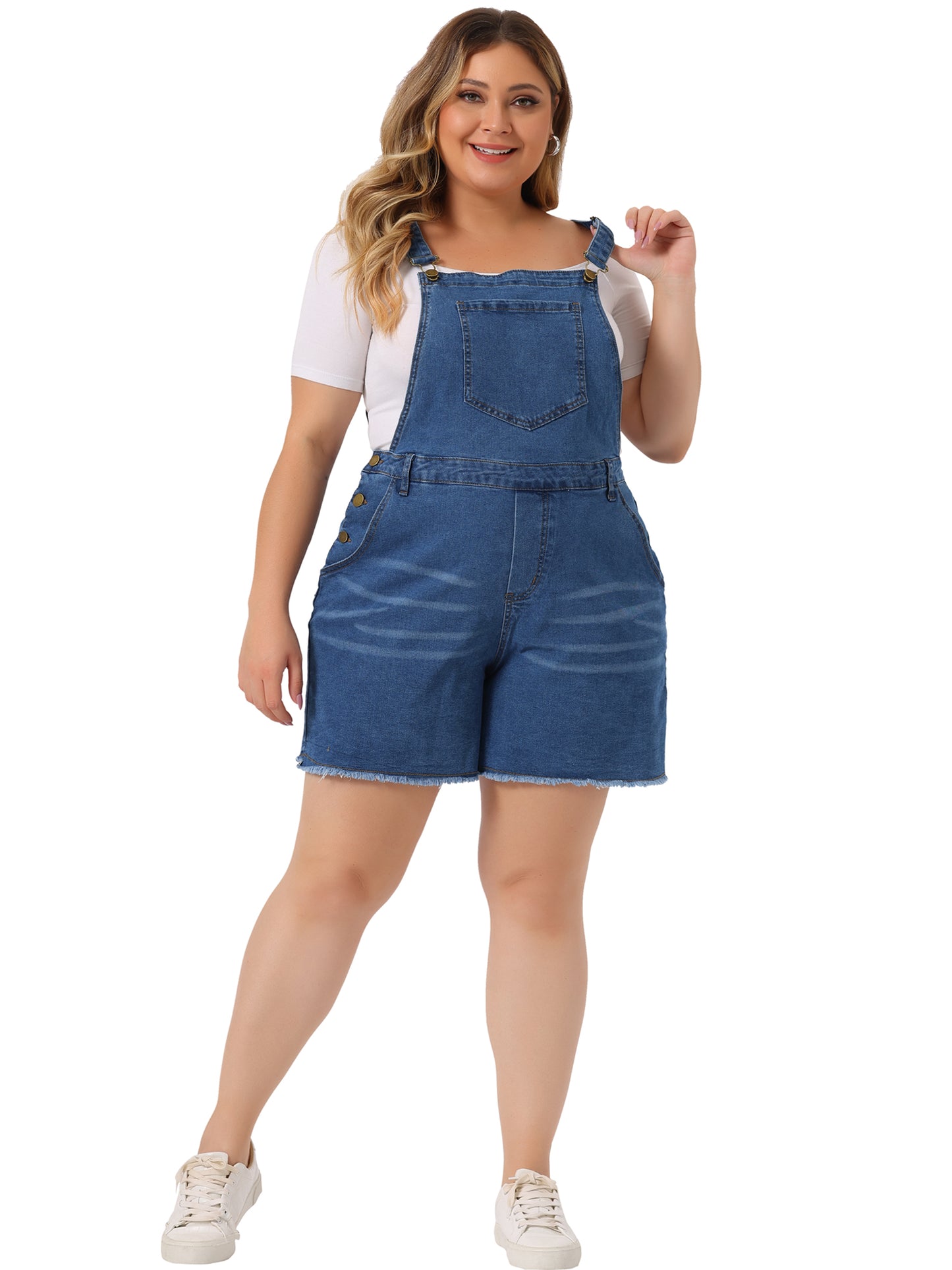 Women Plus Size Denim Overall Shorts Raw Hem Adjustable Strap Rompers with Pockets Bib Jeans Shortalls