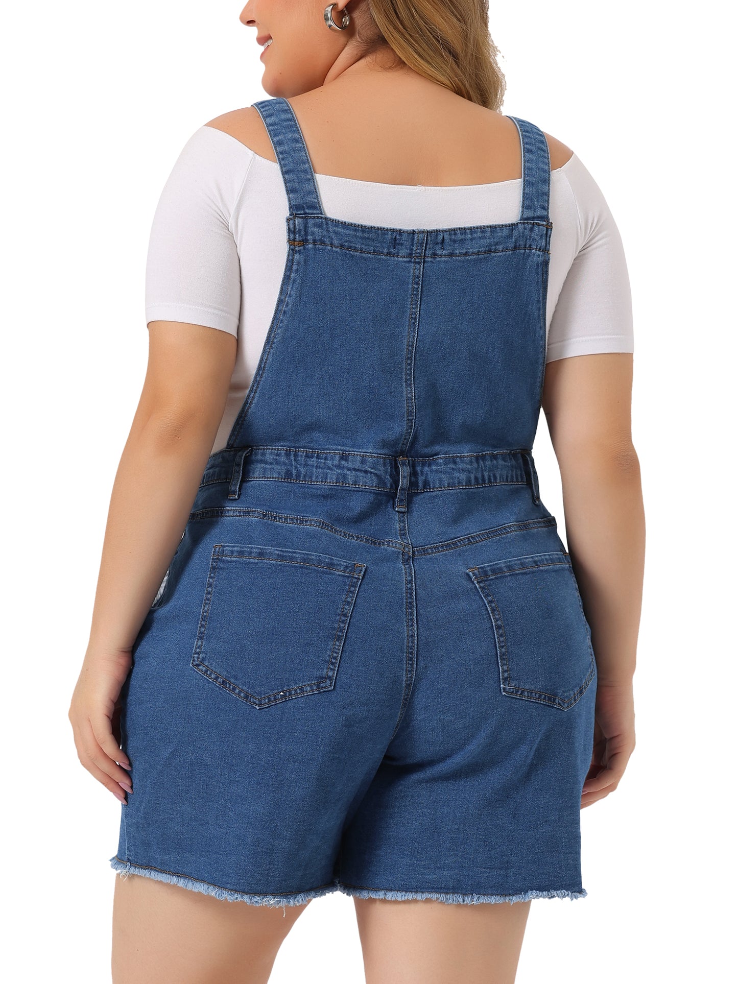 Women Plus Size Denim Overall Shorts Raw Hem Adjustable Strap Rompers with Pockets Bib Jeans Shortalls