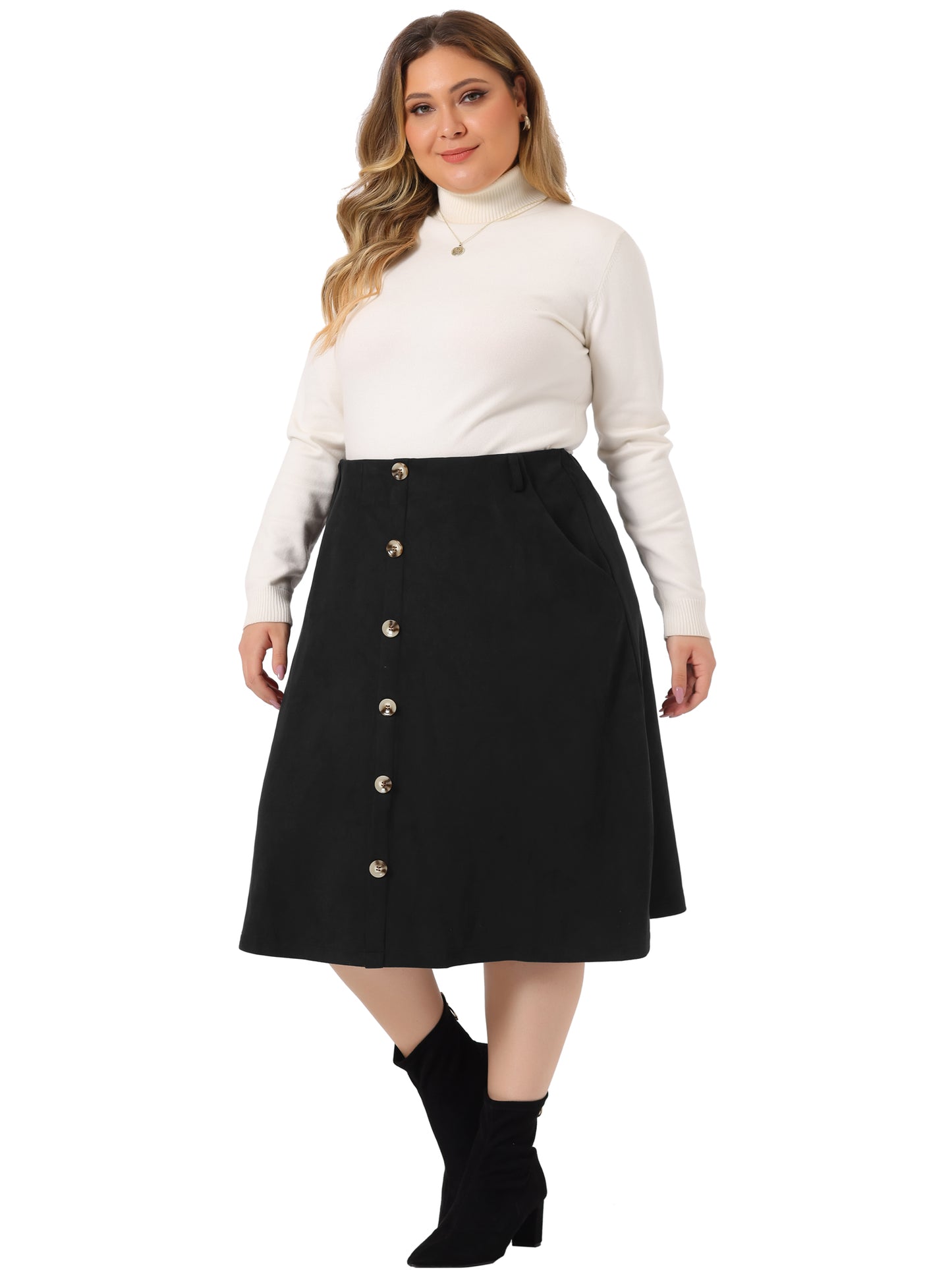 Falda midi de ante sintético de talla grande para mujer, cintura elástica, corte A