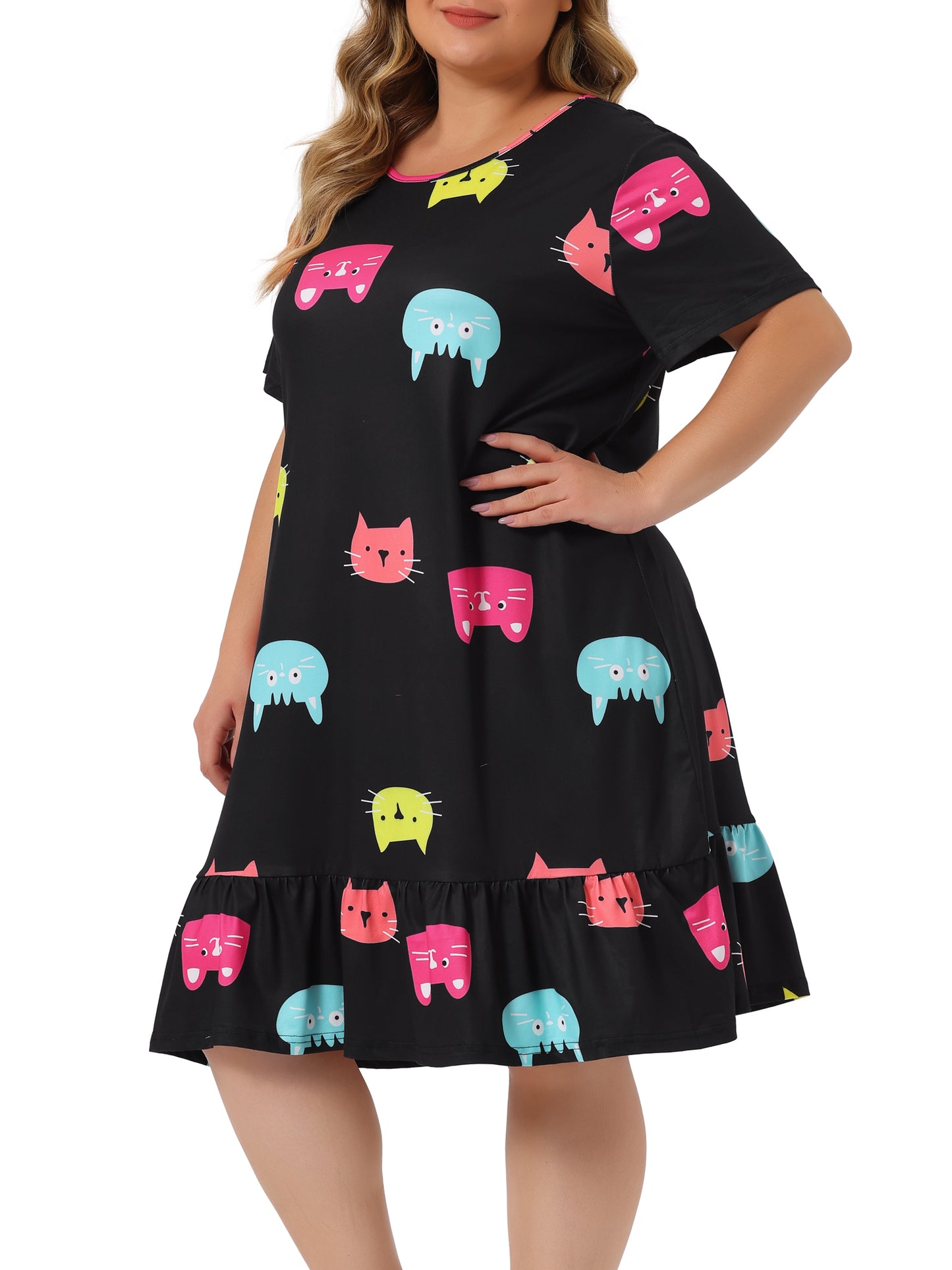Camisones de talla grande para mujer, de manga corta, con bonito gato, midi