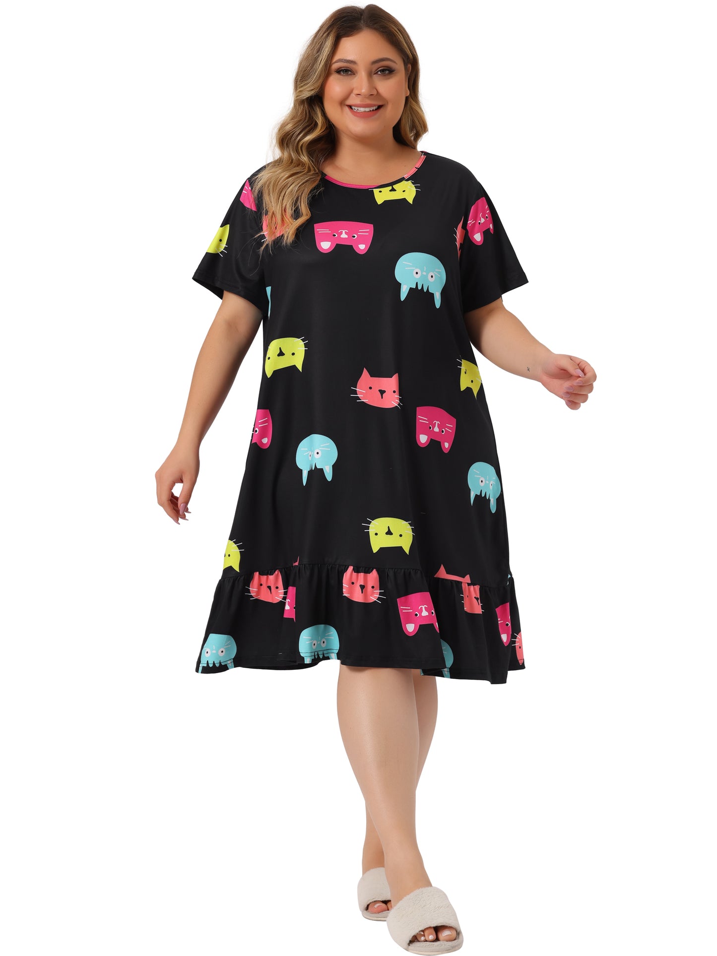 Camisones de talla grande para mujer, de manga corta, con bonito gato, midi