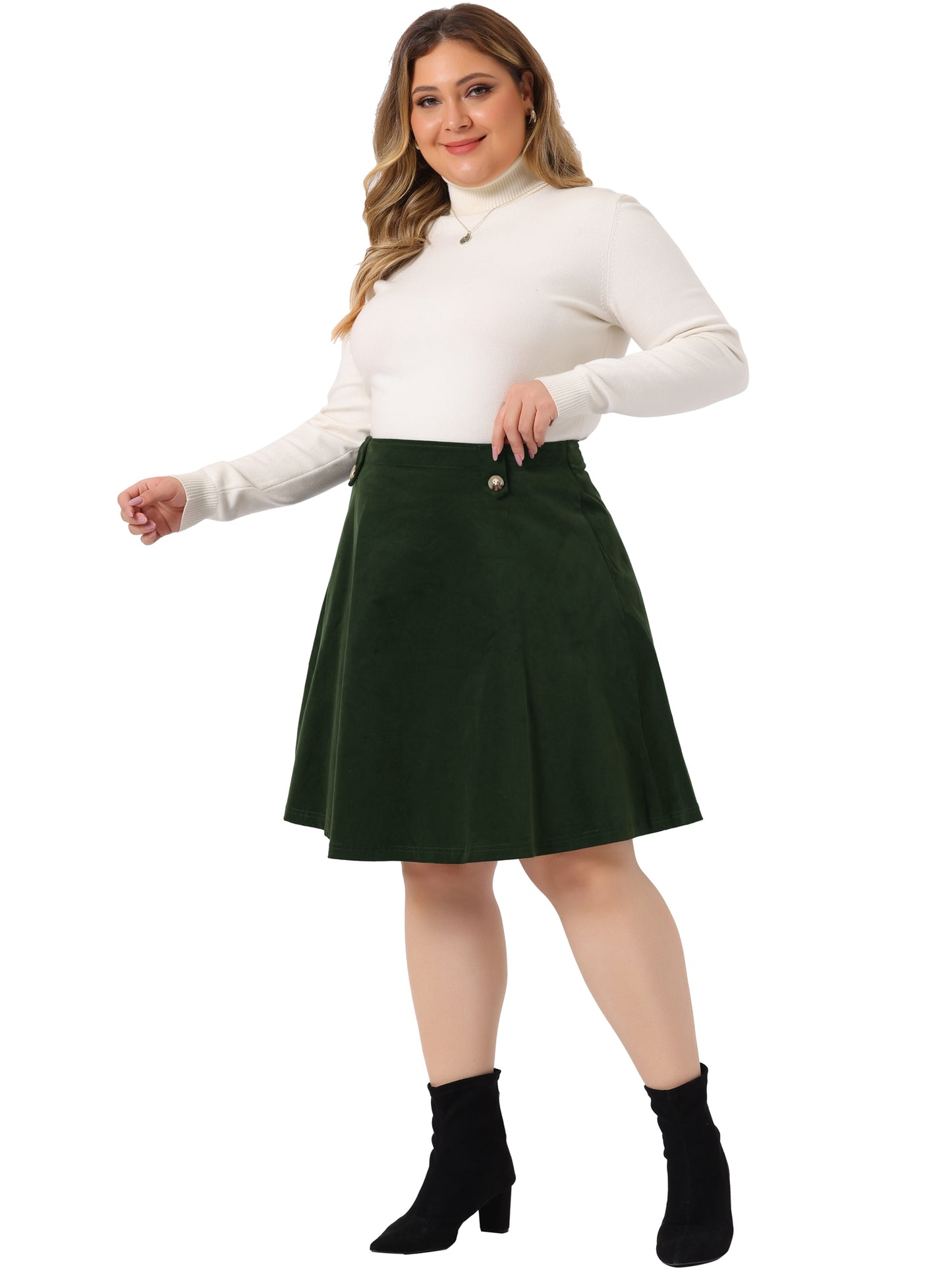 Women Plus Size Retro Corduroy Skirts Elastic Waist Button Decor Fall A-Line Mini Skirt