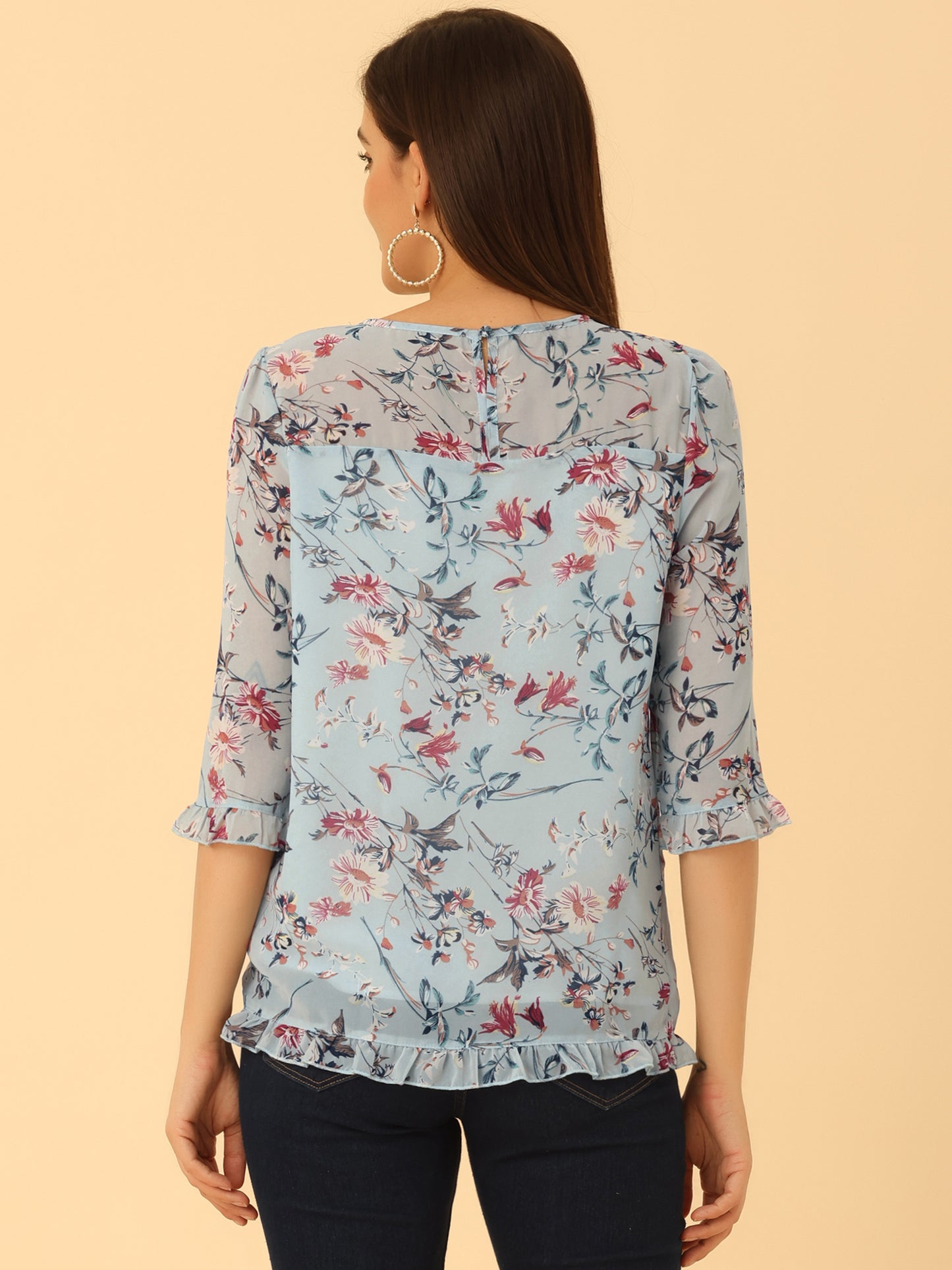 Women's Casual Ruffle 3/4 Sleeve Floral Print Chiffon Blouse
