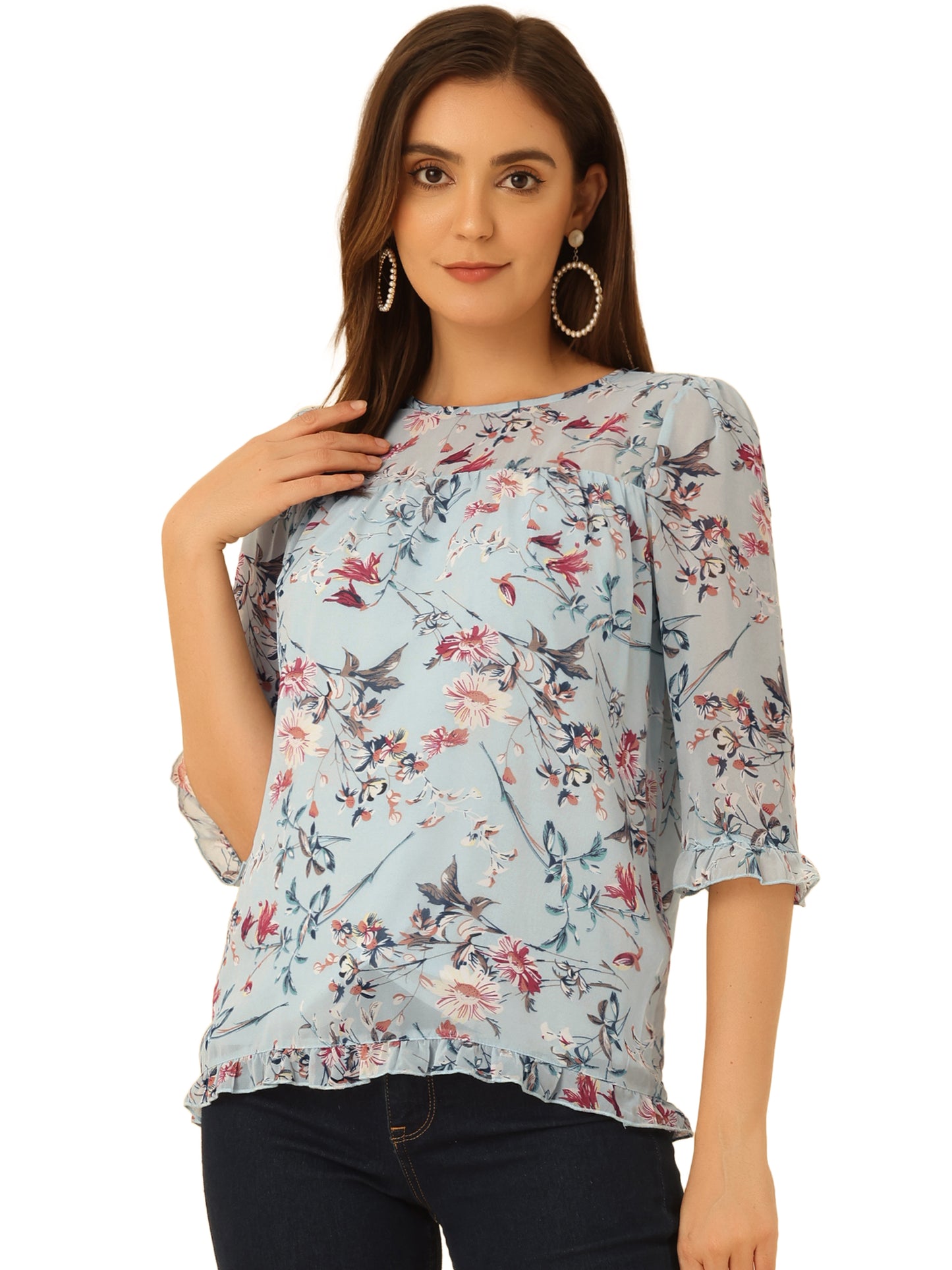 Women's Casual Ruffle 3/4 Sleeve Floral Print Chiffon Blouse