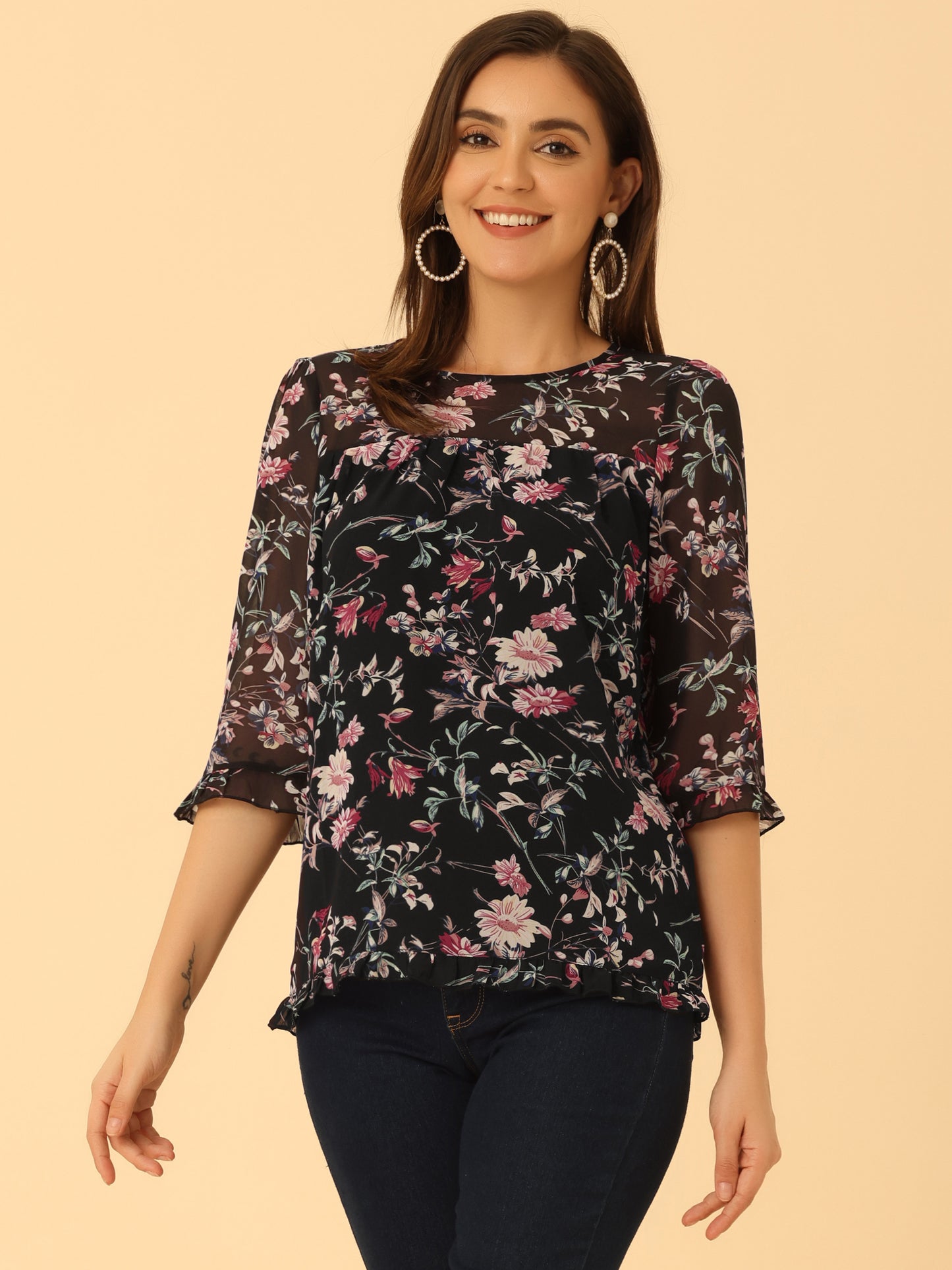 Women's Casual Ruffle 3/4 Sleeve Floral Print Chiffon Blouse (Available in Plus Size)