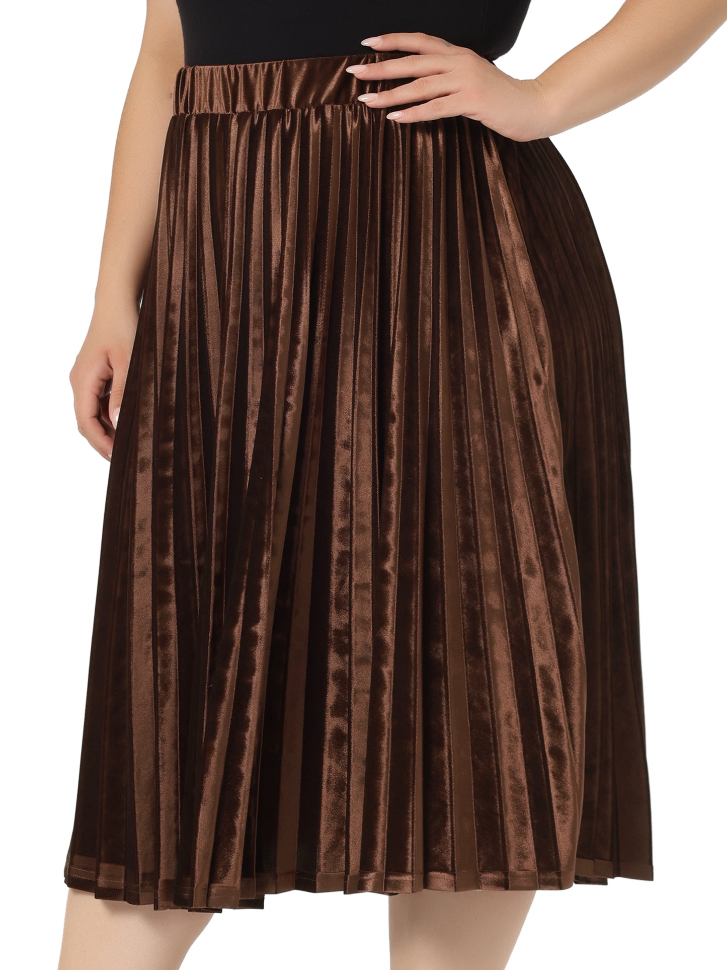 Women Plus Size Velvet Skirt Elastic Waist Metallic Accordion Midi Pleated Skirt