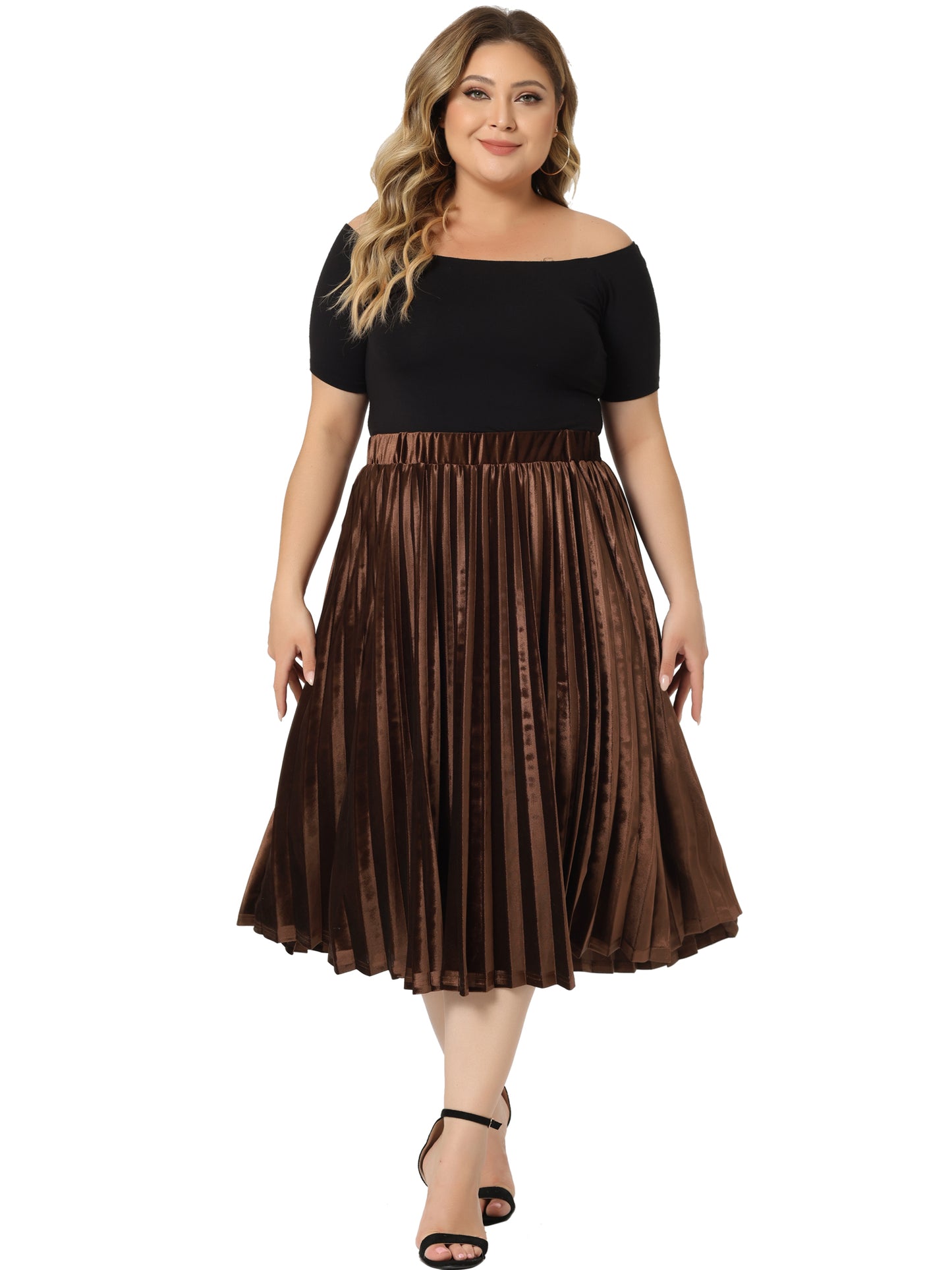 Women Plus Size Velvet Skirt Elastic Waist Metallic Accordion Midi Pleated Skirt