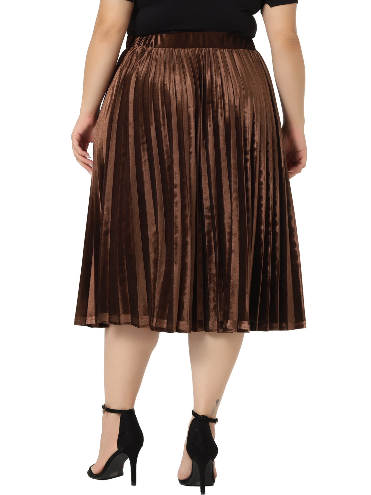Women Plus Size Velvet Skirt Elastic Waist Metallic Accordion Midi Pleated Skirt