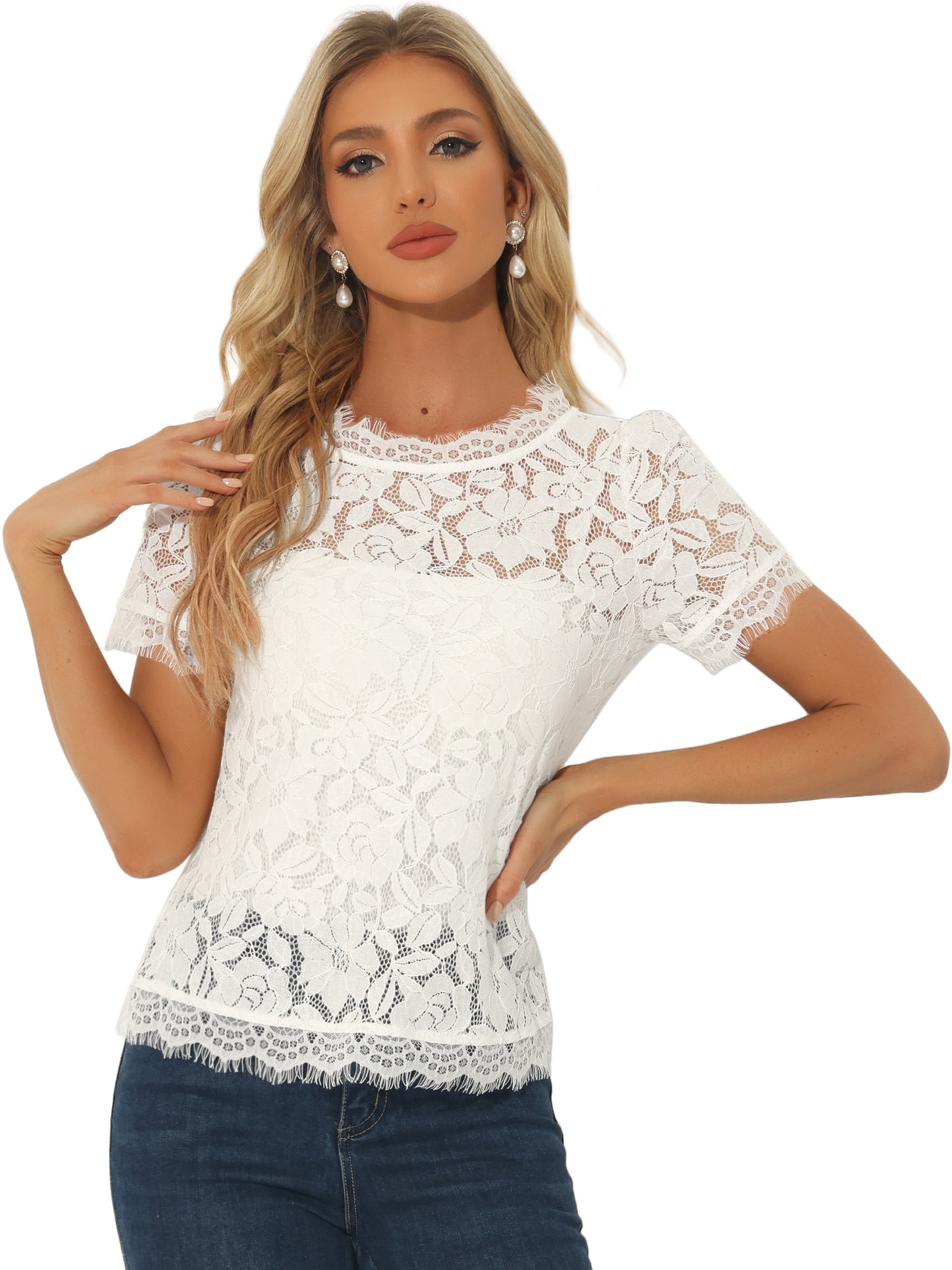 Women's Lace Floral Scalloped Trim Short Sleeve Semi Sheer Top Blouse