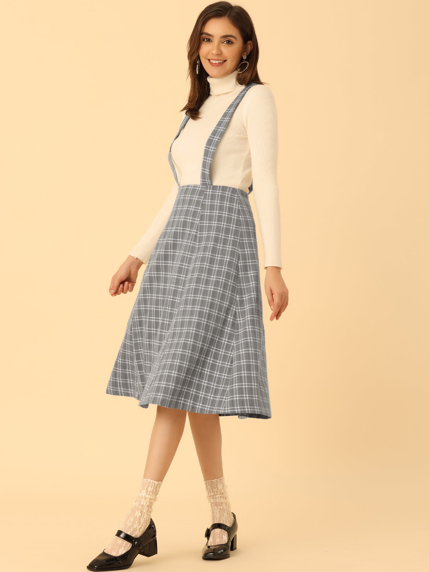 Falda de cuadros escoceses con tirantes para mujer, estilo vintage, de cintura alta, corte A, vestido midi