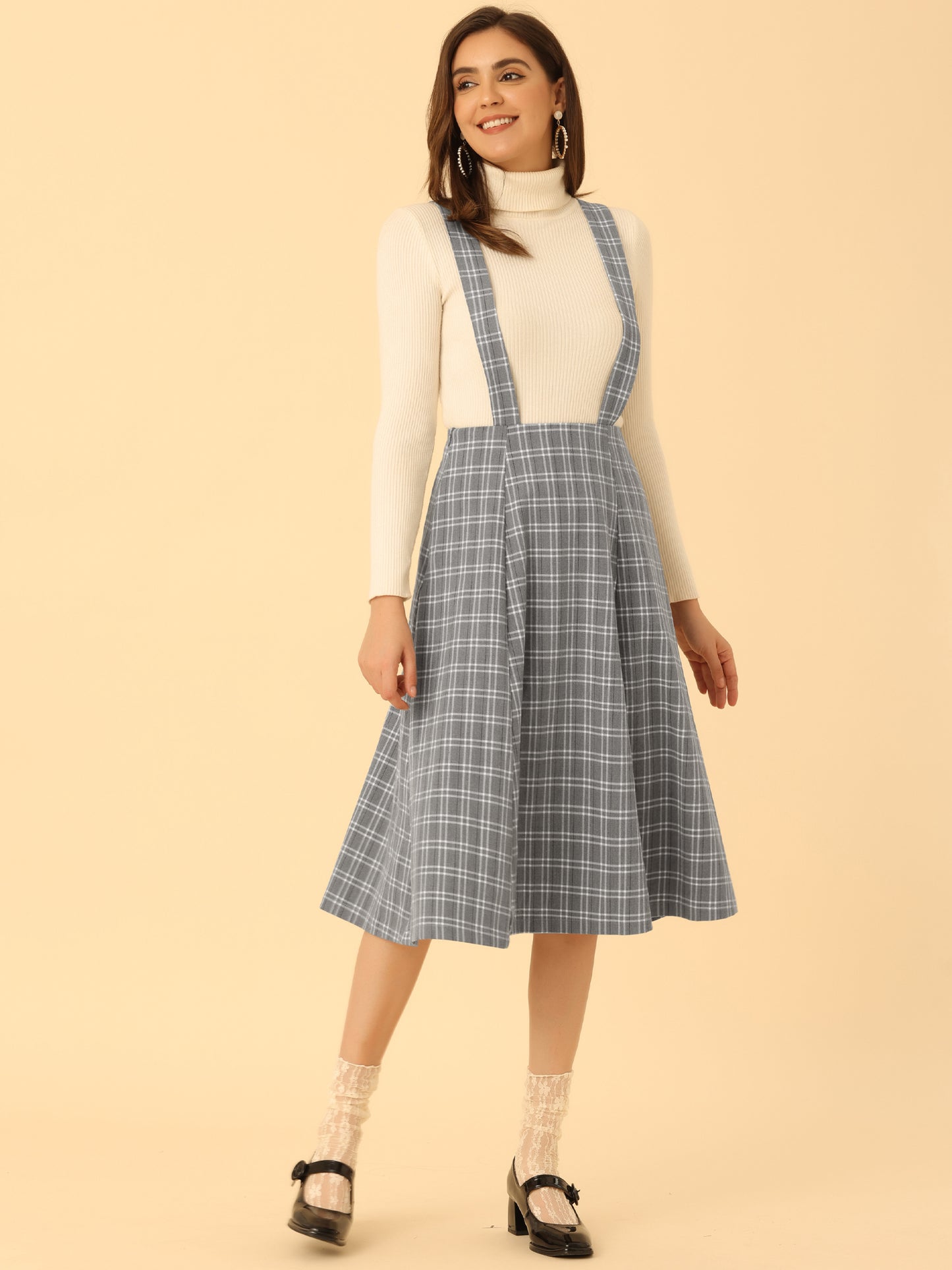 Falda de cuadros escoceses con tirantes para mujer, estilo vintage, de cintura alta, corte A, vestido midi