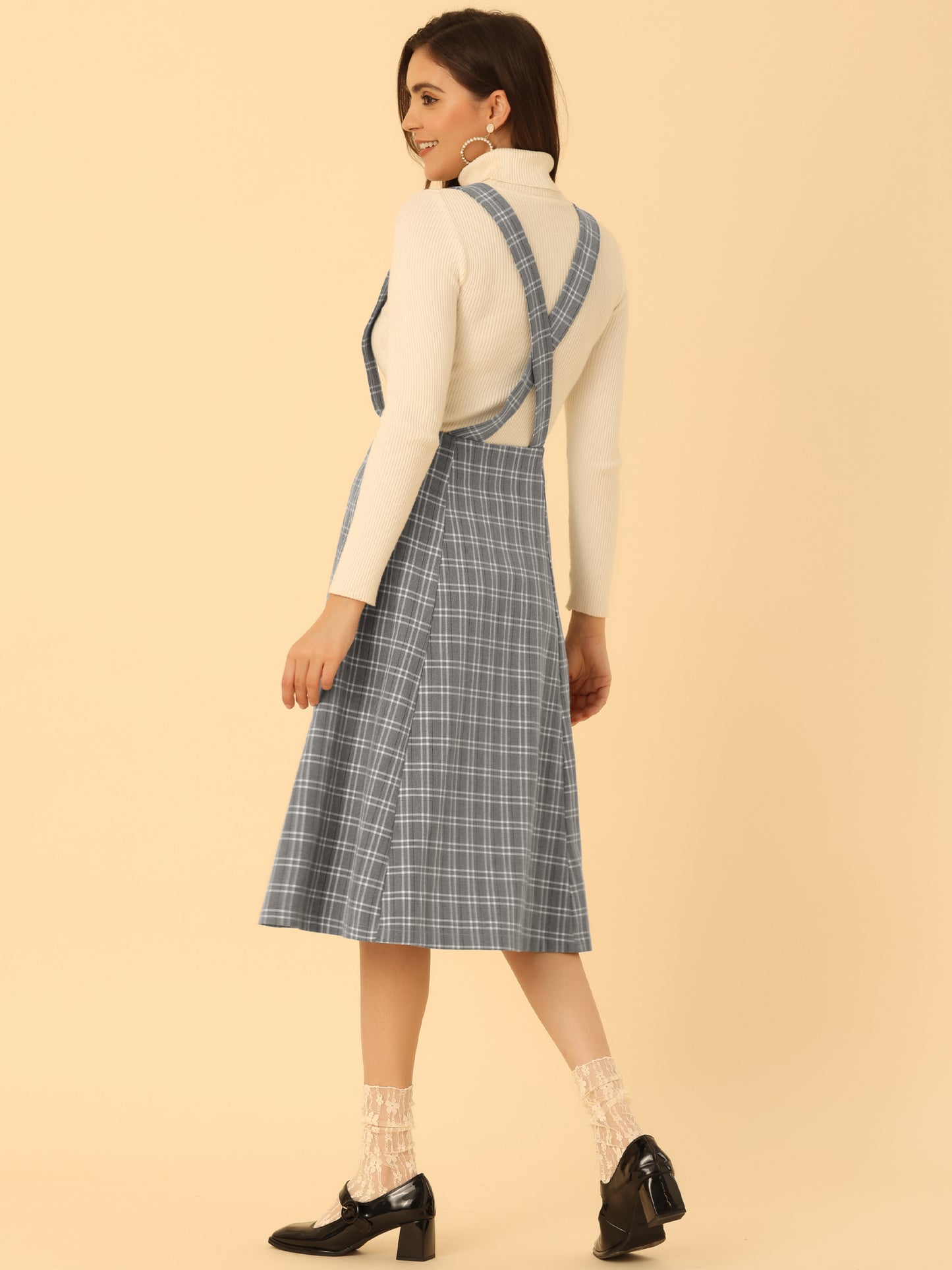 Falda de cuadros escoceses con tirantes para mujer, estilo vintage, de cintura alta, corte A, vestido midi