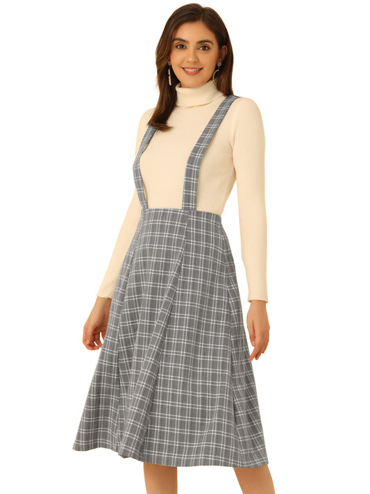 Women's Tartan Plaid Suspender Skirt Vintage High Waist A-Line Midi Overall Dress