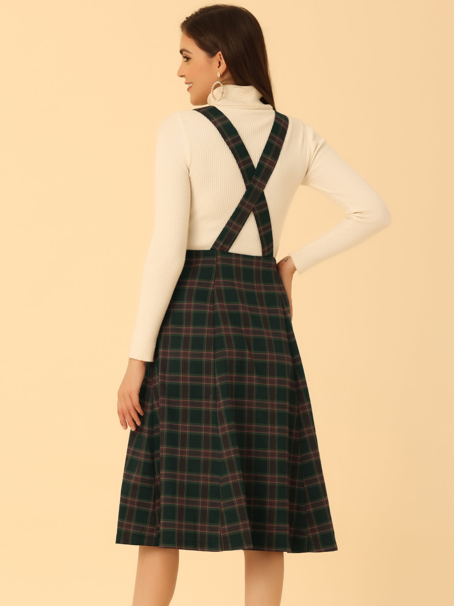 Women's Tartan Plaid Suspender Skirt Vintage High Waist A-Line Midi Overall Dress