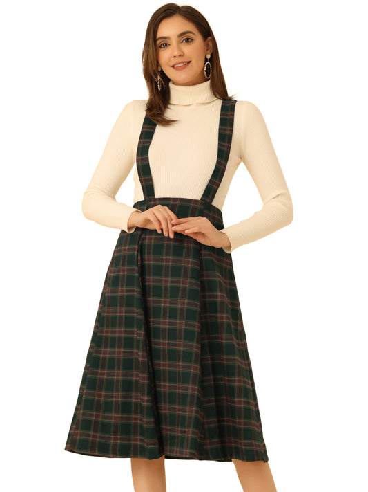 Women's Tartan Plaid Suspender Skirt Vintage High Waist A-Line Midi Overall Dress