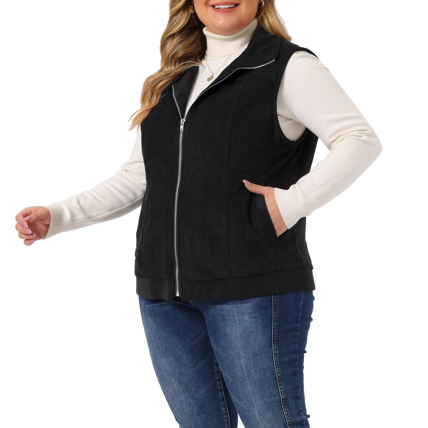 Women Plus Size Sleeveless Vests Casual Zipper Side Pocket Corduroy Vest