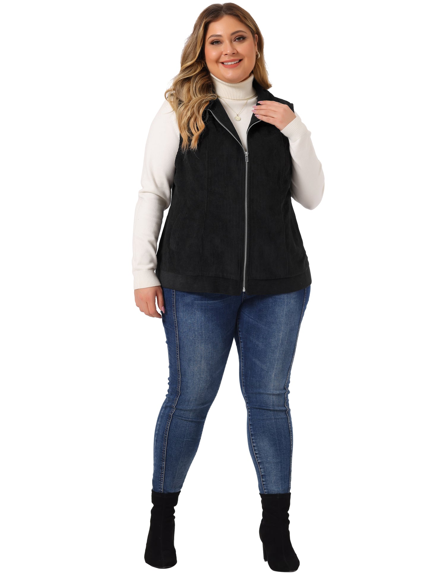 Women Plus Size Sleeveless Vests Casual Zipper Side Pocket Corduroy Vest