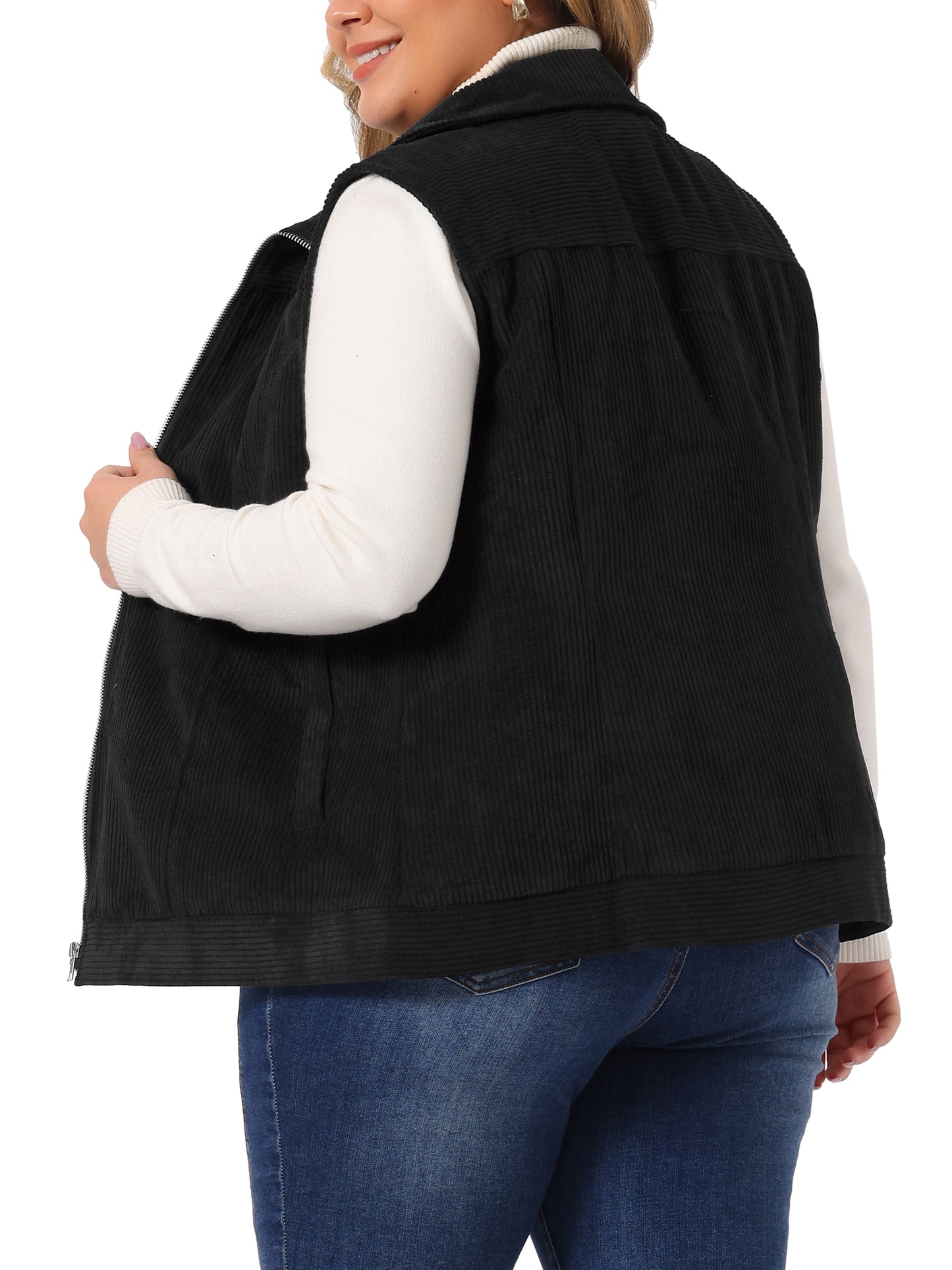 Women Plus Size Sleeveless Vests Casual Zipper Side Pocket Corduroy Vest