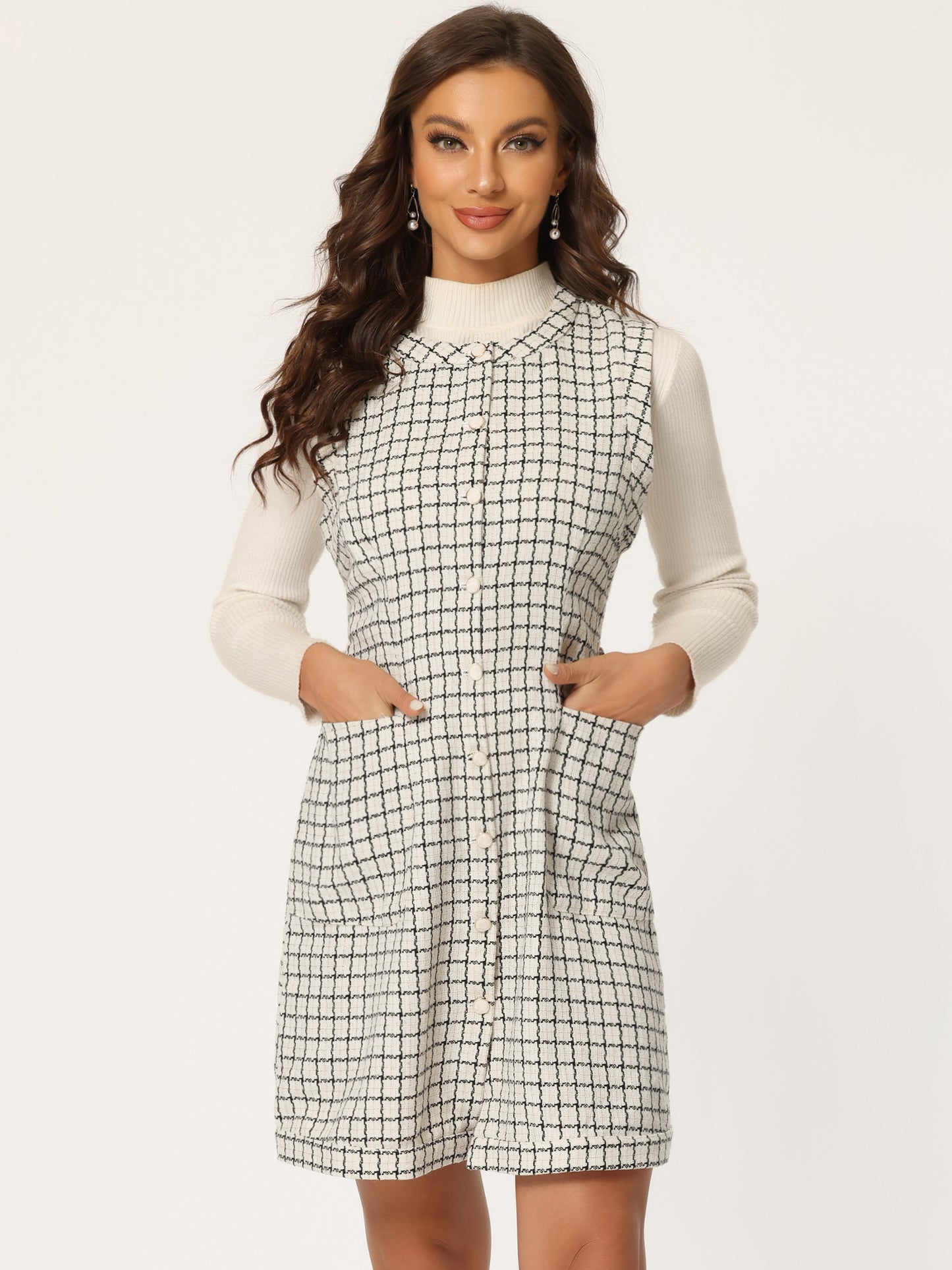 Women's Vintage Pinafore Dress Round Neck Button Down Pockets Sleeveless Plaid Tweed Dress with Belt