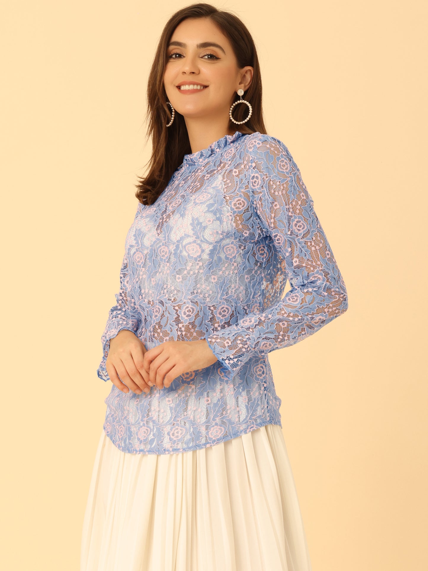 Women's Elegant See Through Top Ruffle Frill Neck Long Sleeve Floral Lace Blouse