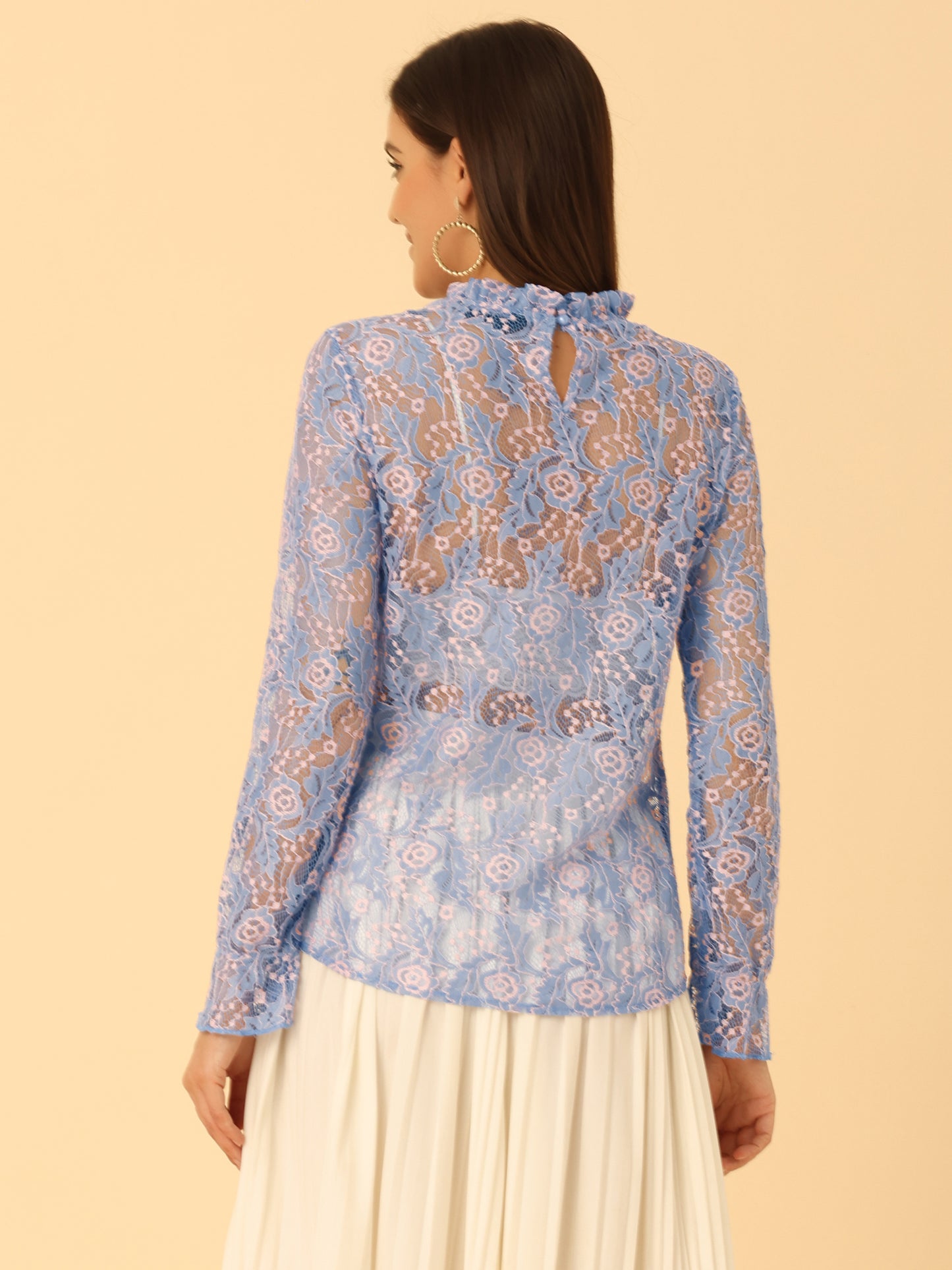 Women's Elegant See Through Top Ruffle Frill Neck Long Sleeve Floral Lace Blouse