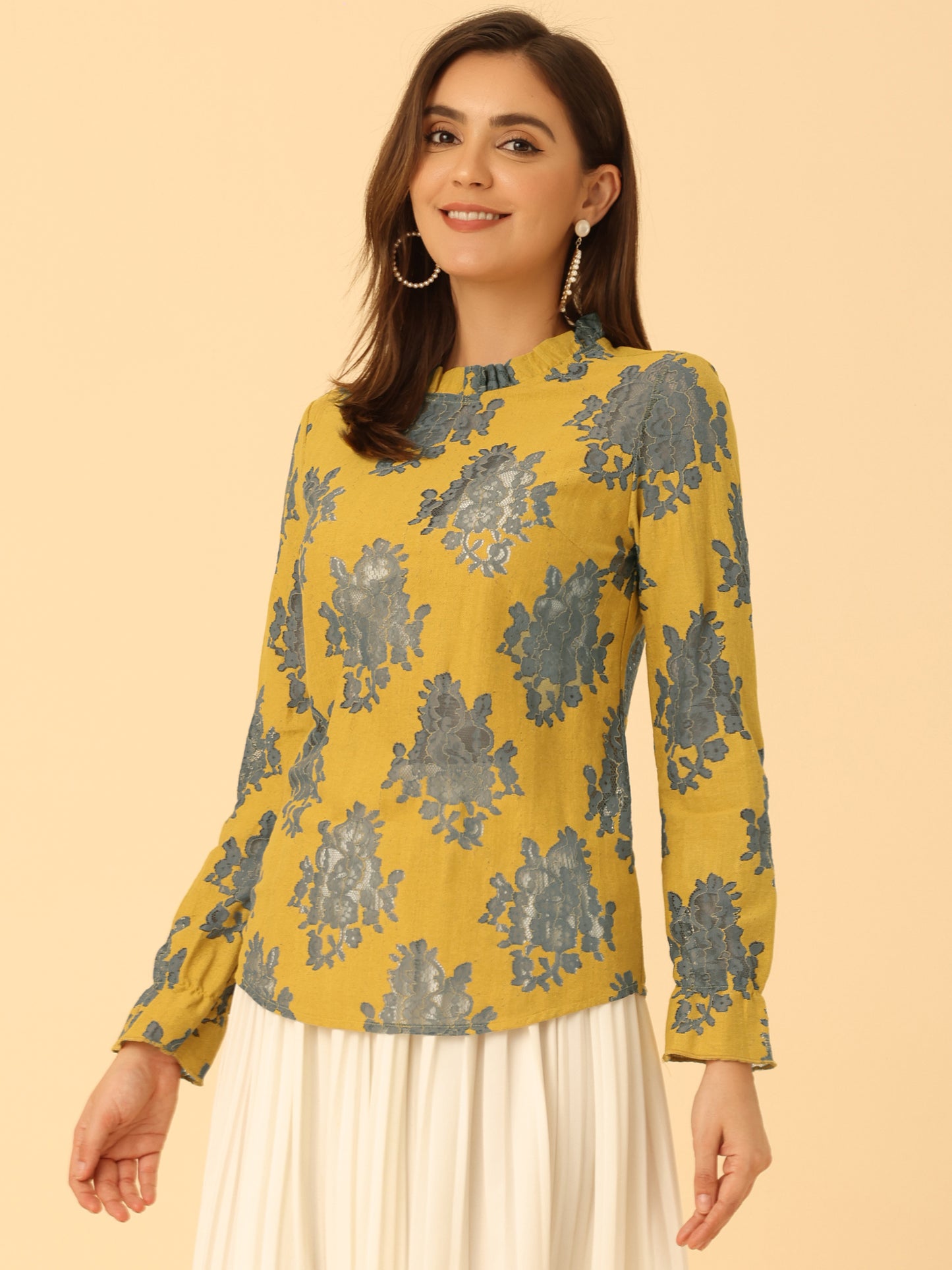 Women's Elegant See Through Top Ruffle Frill Neck Long Sleeve Floral Lace Blouse