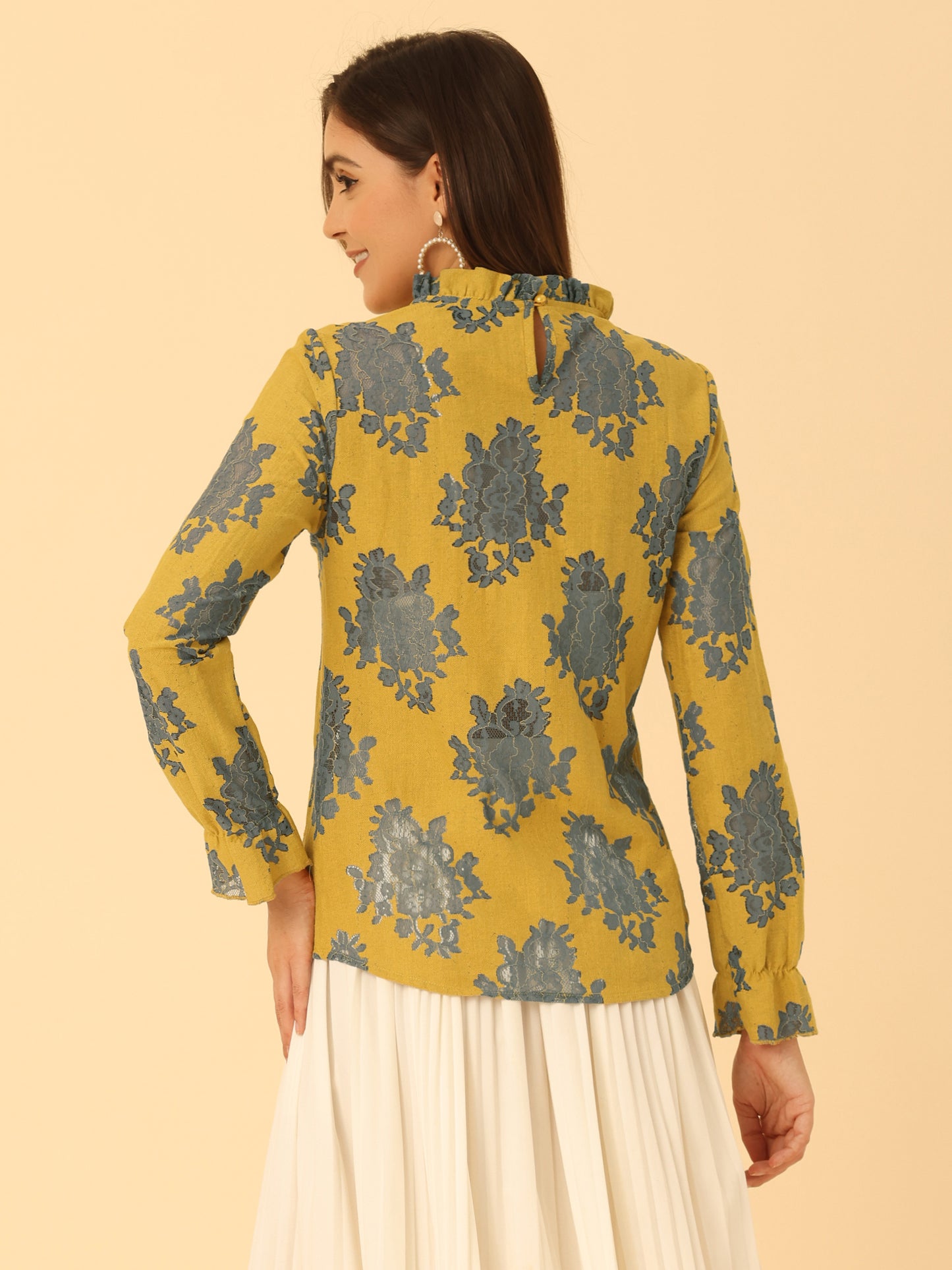 Women's Elegant See Through Top Ruffle Frill Neck Long Sleeve Floral Lace Blouse