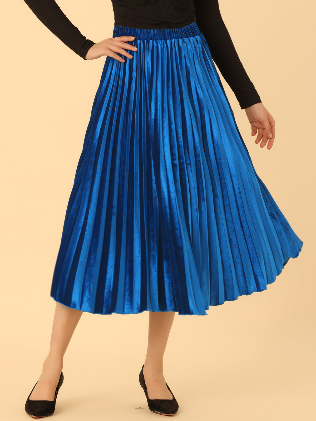Women's Fall Winter Elastic High Waist Flowy Swing Holiday Velvet Pleated Midi Skirt
