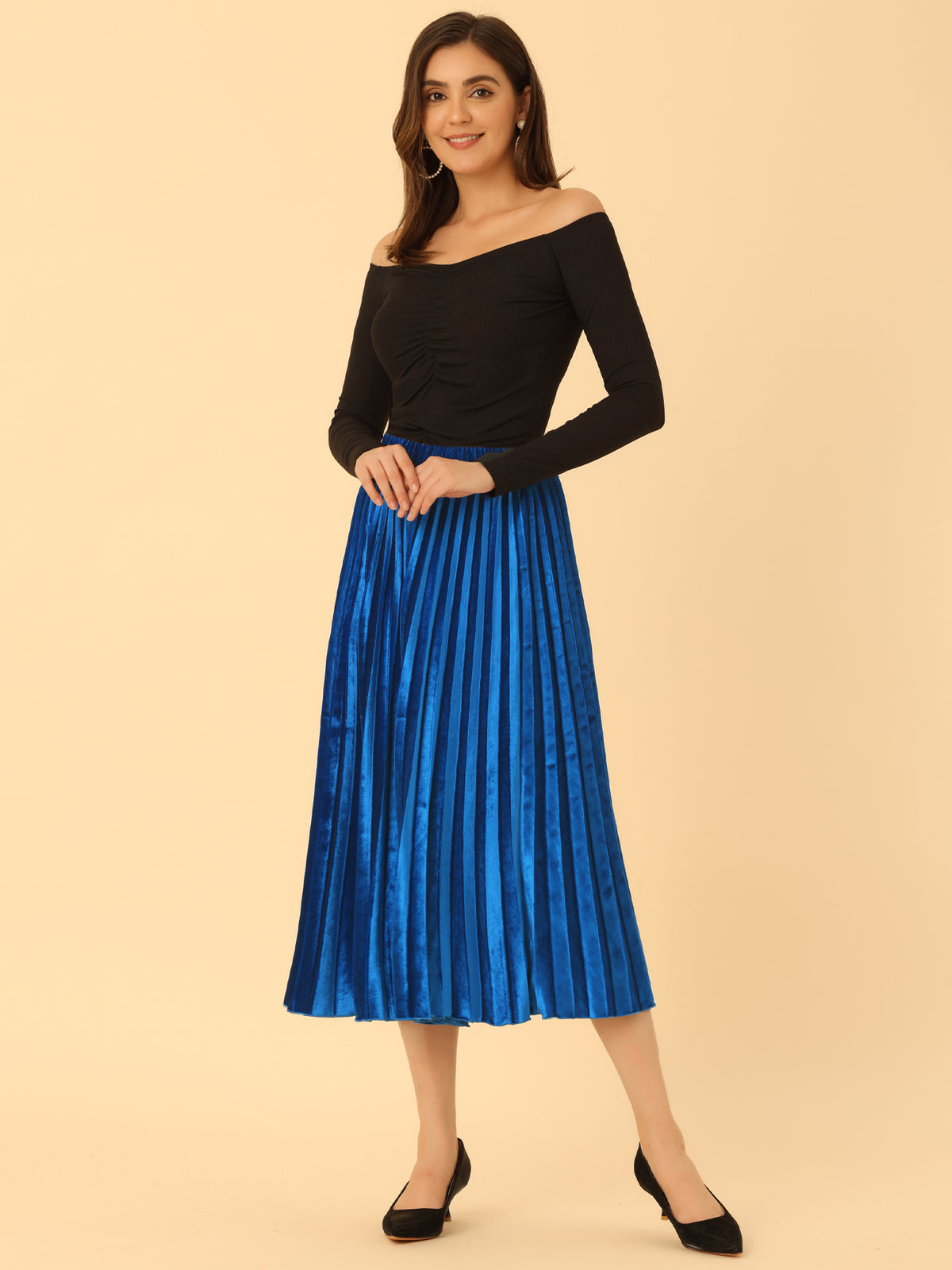 Women's Fall Winter Elastic High Waist Flowy Swing Holiday Velvet Pleated Midi Skirt
