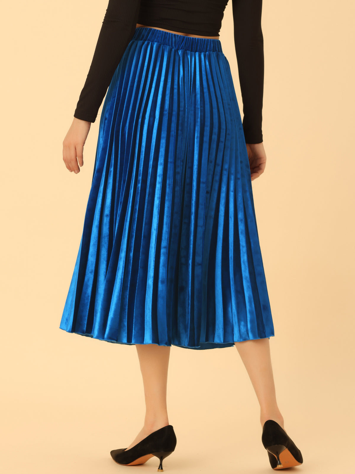 Women's Fall Winter Elastic High Waist Flowy Swing Holiday Velvet Pleated Midi Skirt