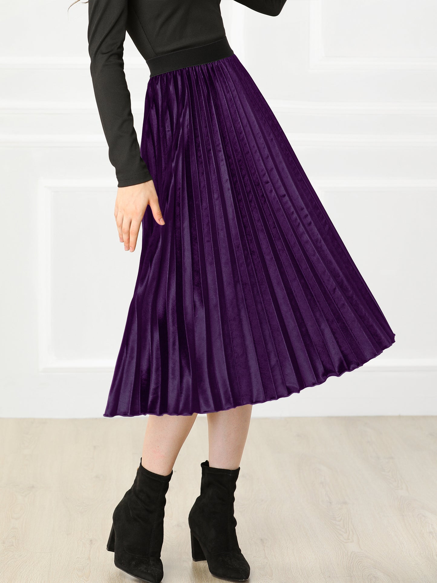 Women's Fall Winter Elastic High Waist Flowy Swing Holiday Velvet Pleated Midi Skirt