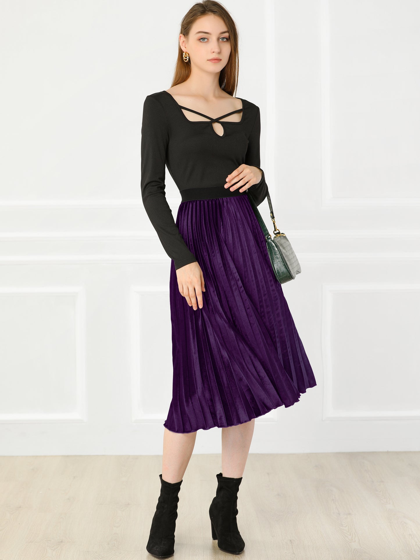 Women's Fall Winter Elastic High Waist Flowy Swing Holiday Velvet Pleated Midi Skirt