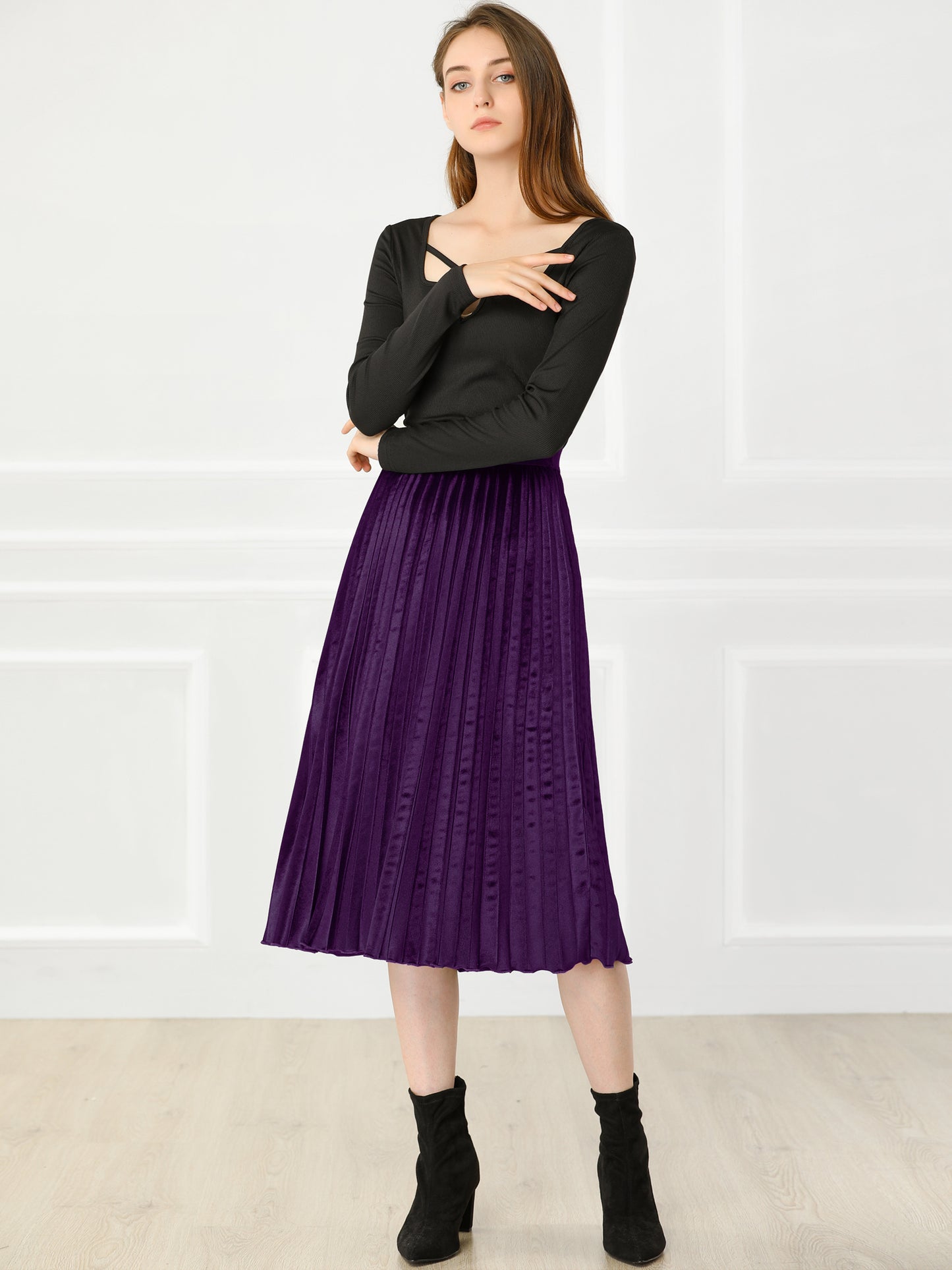 Women's Fall Winter Elastic High Waist Flowy Swing Holiday Velvet Pleated Midi Skirt