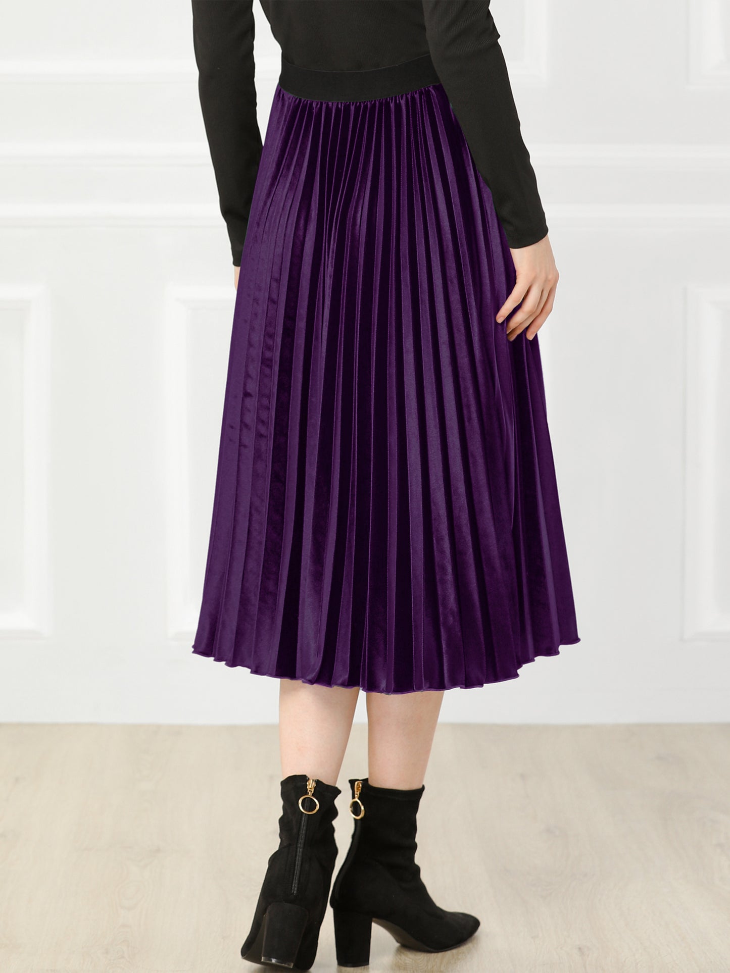 Women's Fall Winter Elastic High Waist Flowy Swing Holiday Velvet Pleated Midi Skirt