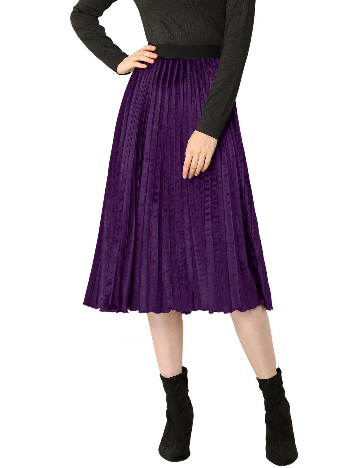 Women's Fall Winter Elastic High Waist Flowy Swing Holiday Velvet Pleated Midi Skirt