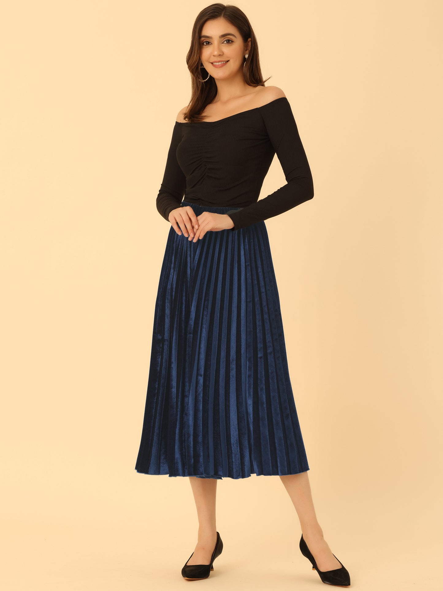 Women's Fall Winter Elastic High Waist Flowy Swing Holiday Velvet Pleated Midi Skirt