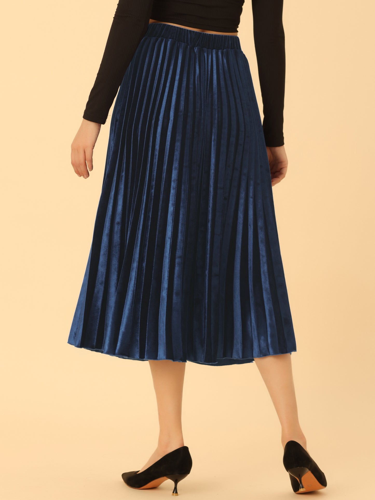 Women's Fall Winter Elastic High Waist Flowy Swing Holiday Velvet Pleated Midi Skirt