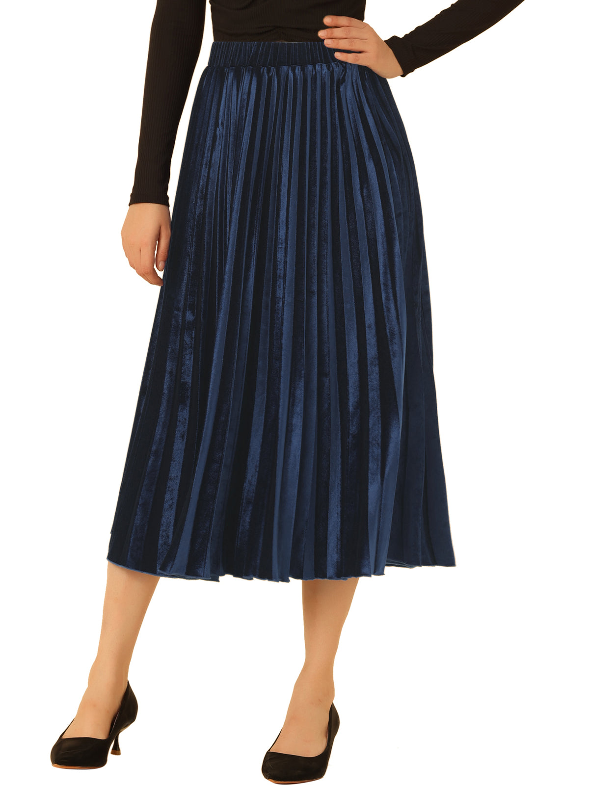 Women's Fall Winter Elastic High Waist Flowy Swing Holiday Velvet Pleated Midi Skirt