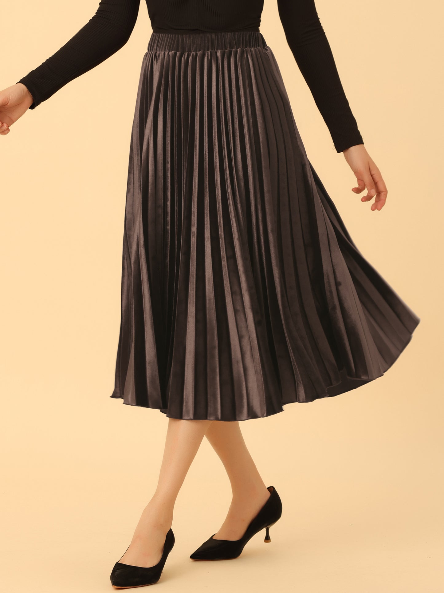Women's Fall Winter Elastic High Waist Flowy Swing Holiday Velvet Pleated Midi Skirt