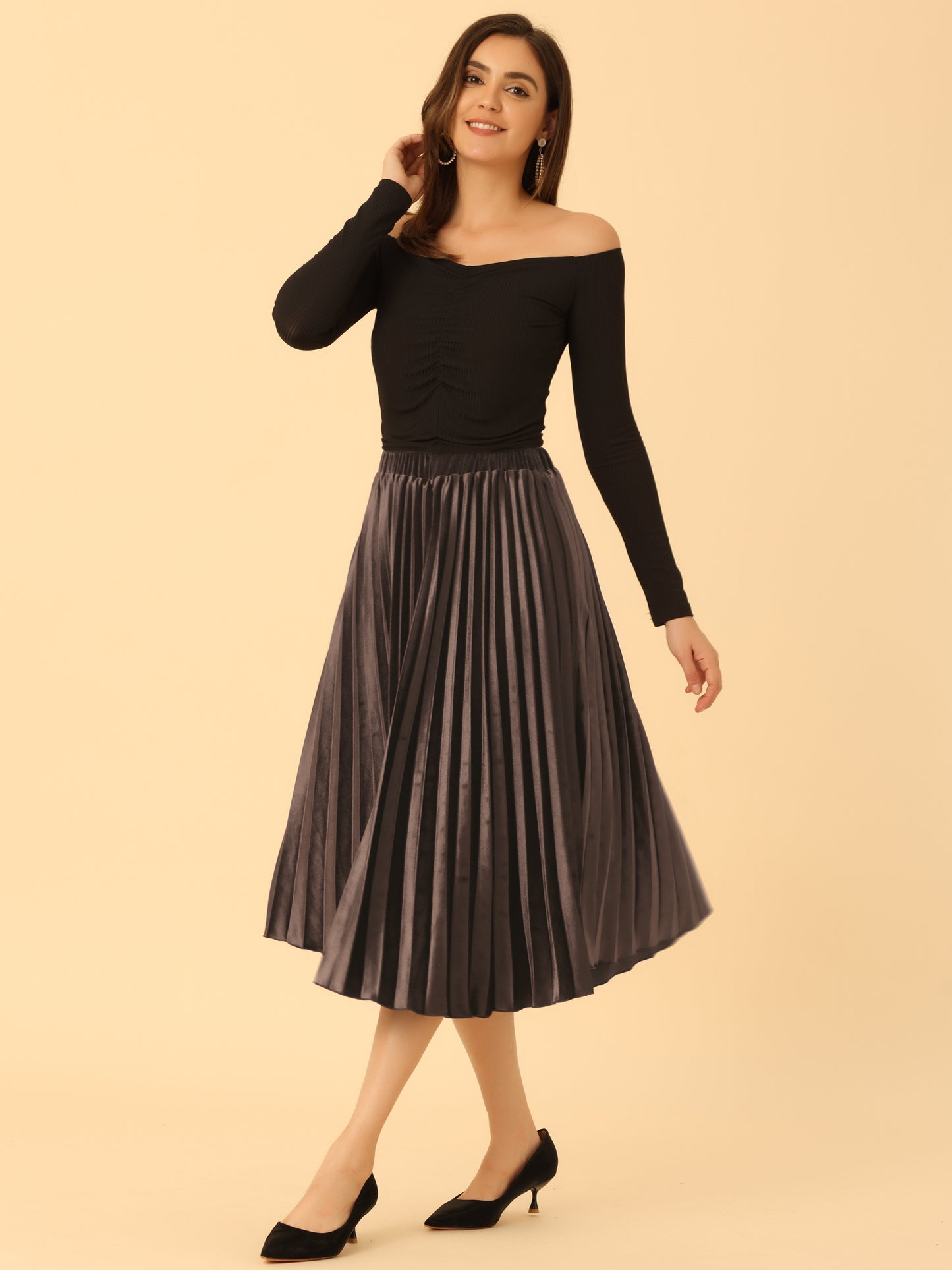 Women's Fall Winter Elastic High Waist Flowy Swing Holiday Velvet Pleated Midi Skirt