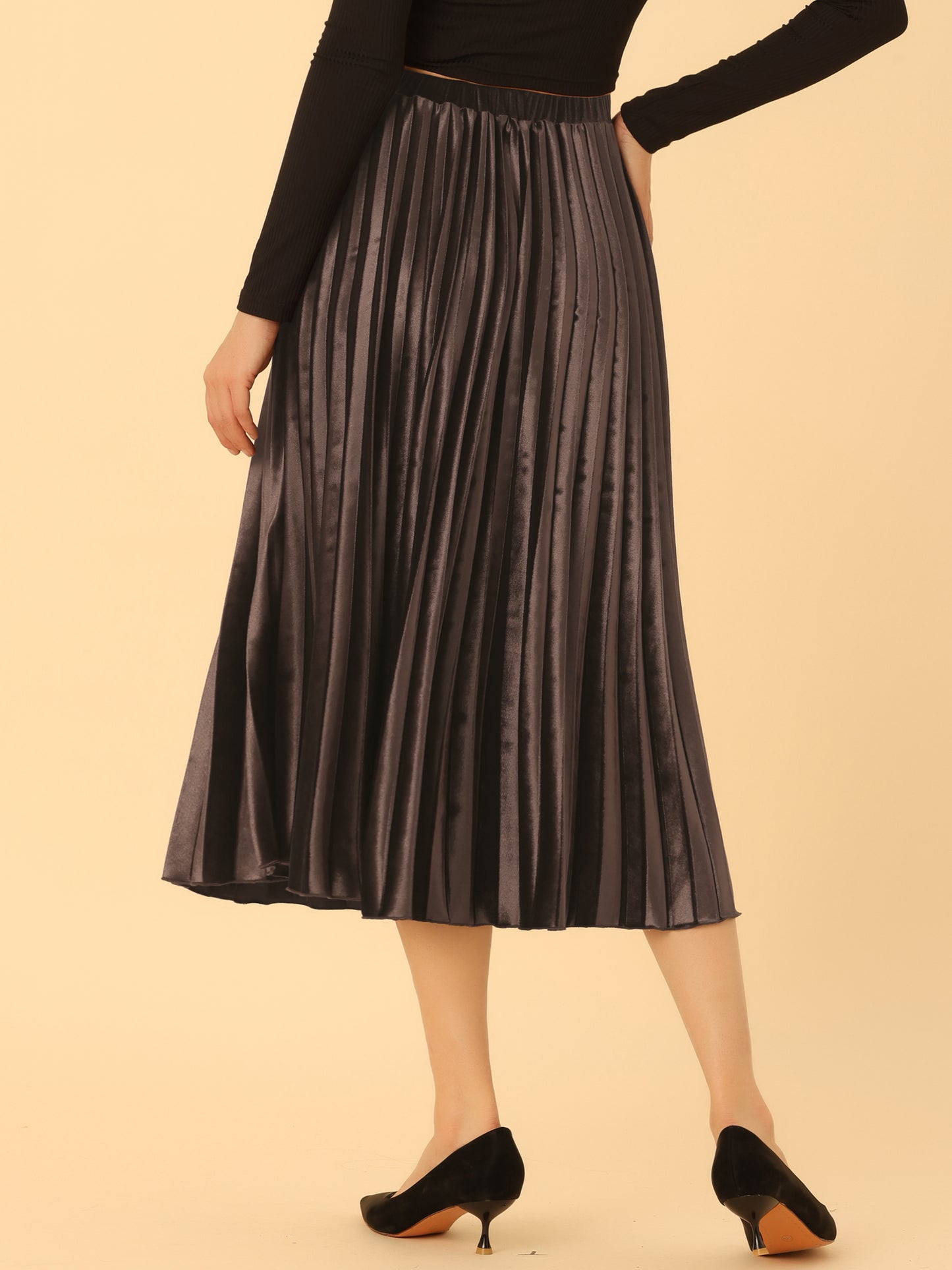 Women's Fall Winter Elastic High Waist Flowy Swing Holiday Velvet Pleated Midi Skirt